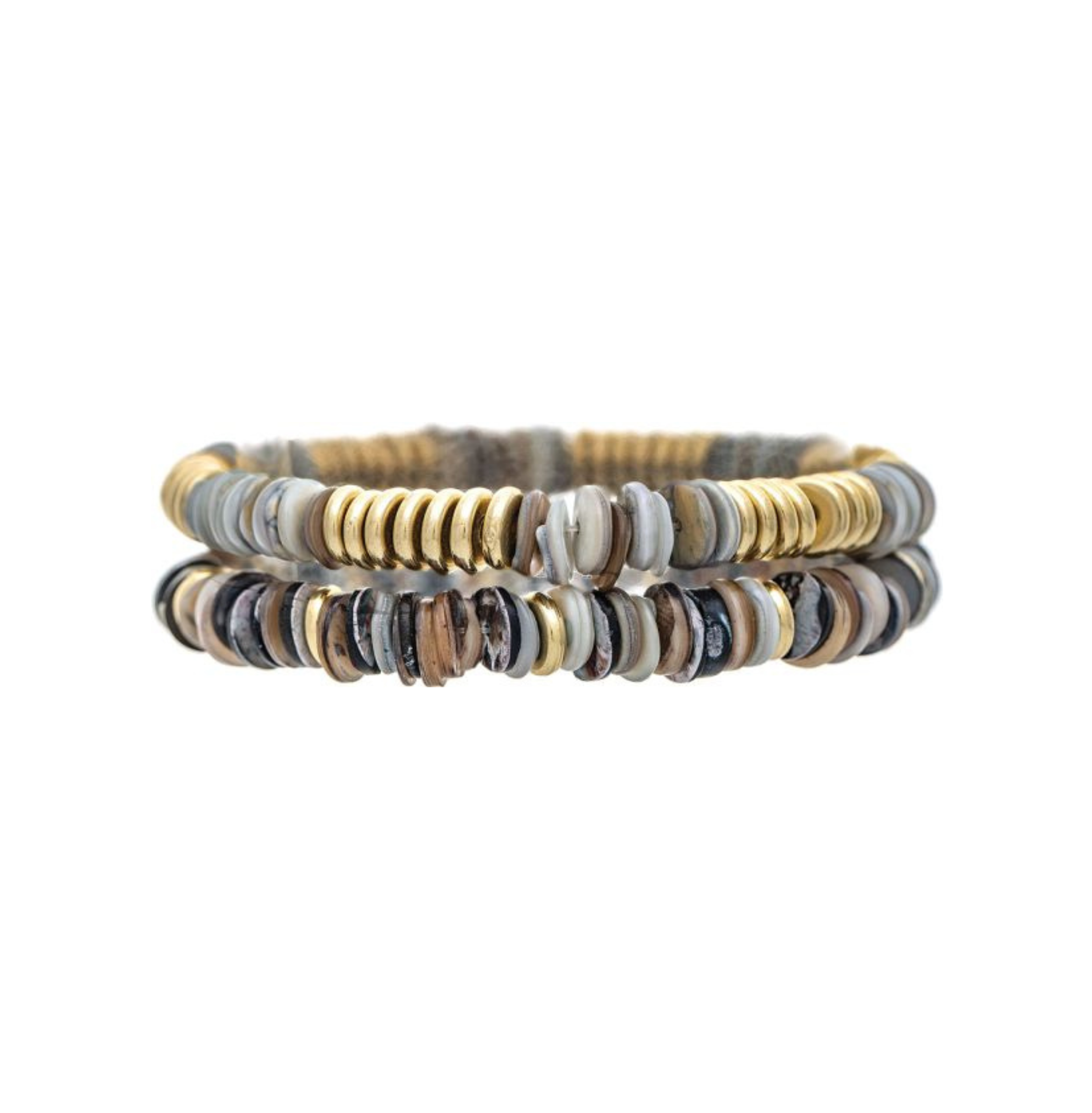 The A-Train Gold Gray Shell Row Beads Two Piece Bracelet Set features two stretchy beaded bracelets with round, flat beads in gold, gray, brown, and cream tones, stacked together against a white background for a chic and stylish look.