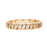 A-Train's Gold Multicolor Crystal Silver Bar Link Stretch Bracelet features a wavy, ribbed gold design with silver bar link accents and vibrant crystals set in vertical rows along the band.