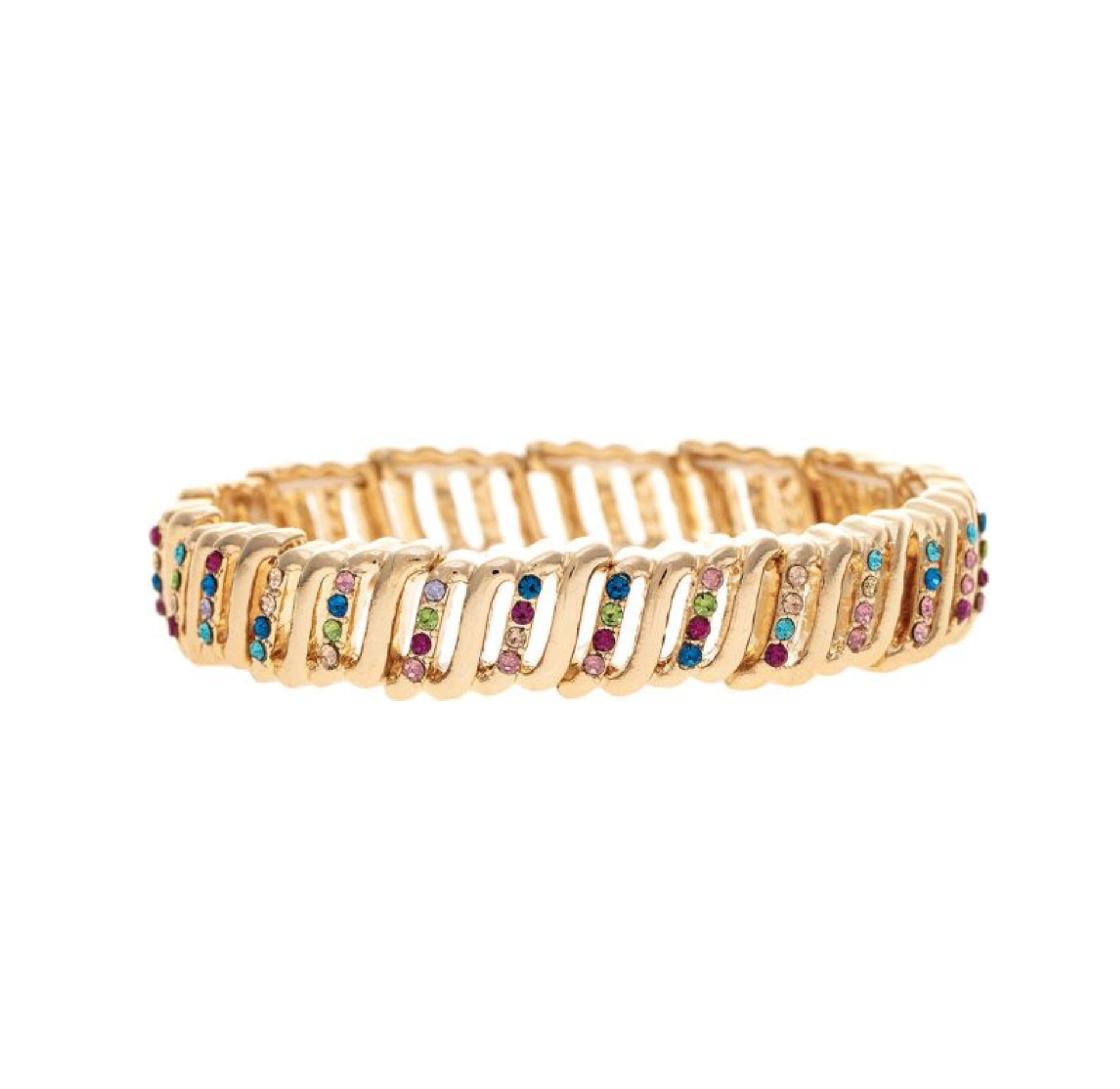 A-Train's Gold Multicolor Crystal Silver Bar Link Stretch Bracelet features a wavy, ribbed gold design with silver bar link accents and vibrant crystals set in vertical rows along the band.