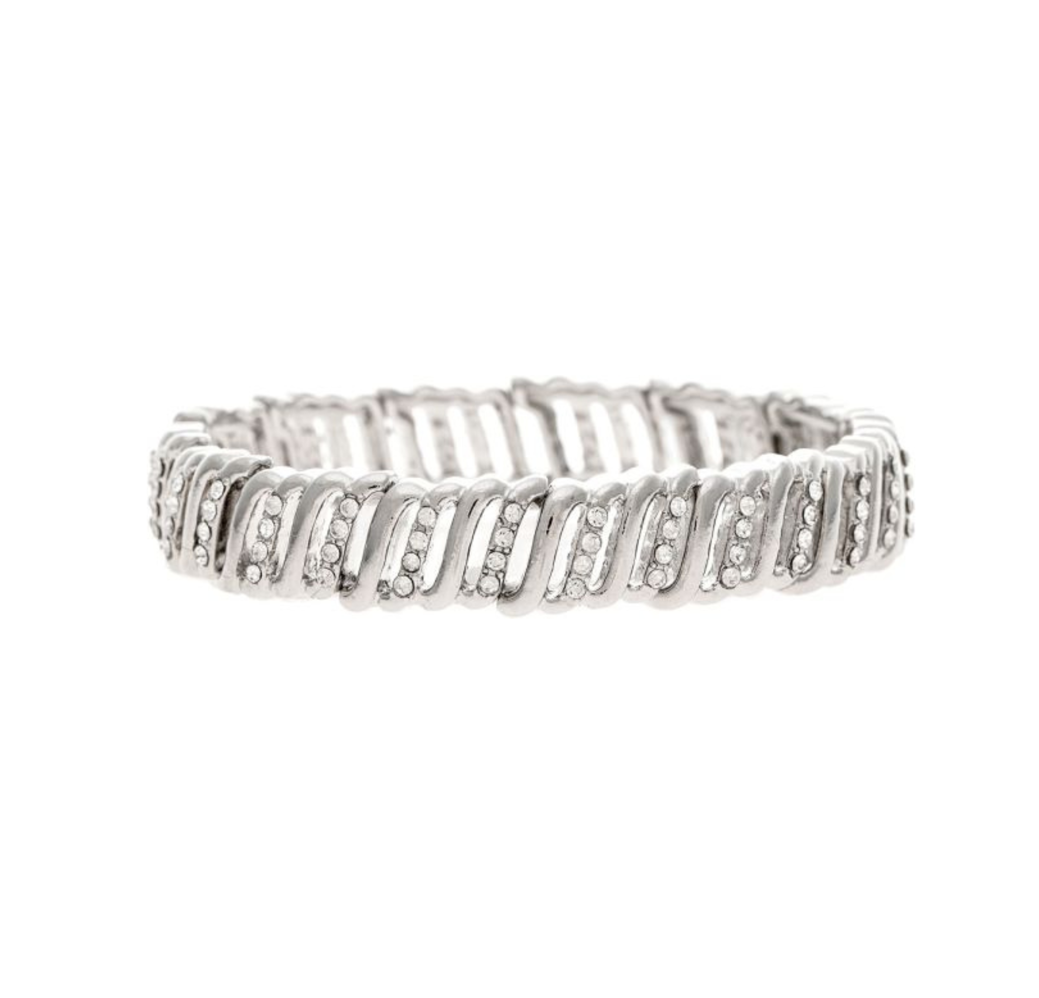 A silver ring with a textured, wavy band design featuring small rows of embedded round stones along the pattern, perfect for pairing with your favorite elegant jewelry pieces or the A-Train Silver Clear Crystal Silver Bar Link Stretch Bracelet for a coordinated look.