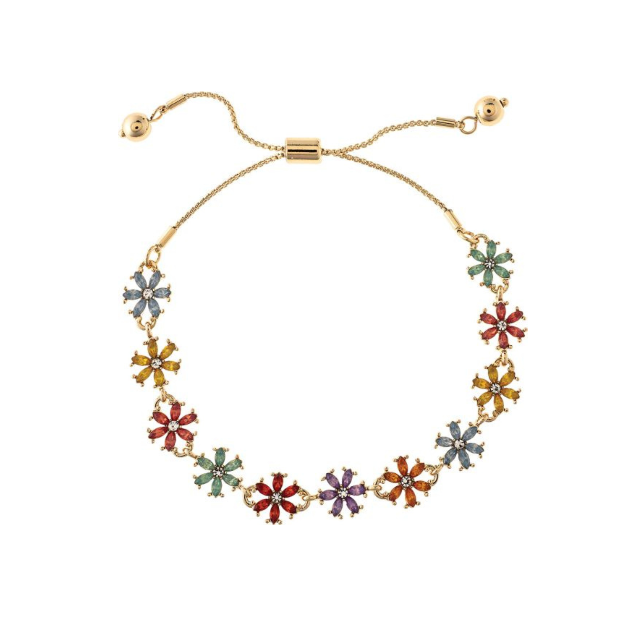 Introducing the A-Train Gold Multicolor Crystal Flower Slide Chain Bracelet—a stunning accessory featuring an adjustable gold chain adorned with flower-shaped charms crafted from vibrant, multicolored crystals, arranged symmetrically around the band. This elegant bracelet adds a lively and sophisticated touch to any ensemble.
