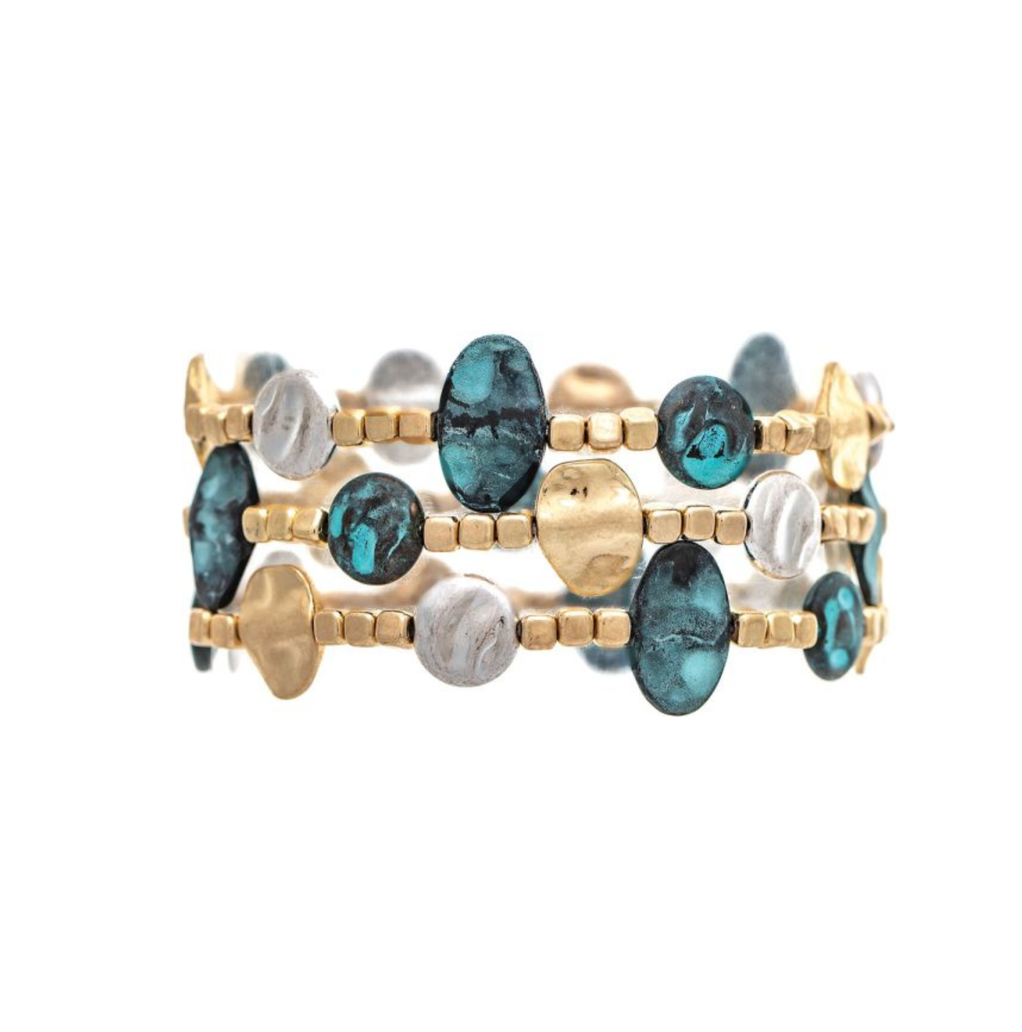 A-Train’s Multicolor Patina Discs Nuggets Three Piece Bracelet Set features vibrant turquoise blue stones, round white beads, and irregular gold accents, creating a stunning layered look reminiscent of a chic multicolor cuff.