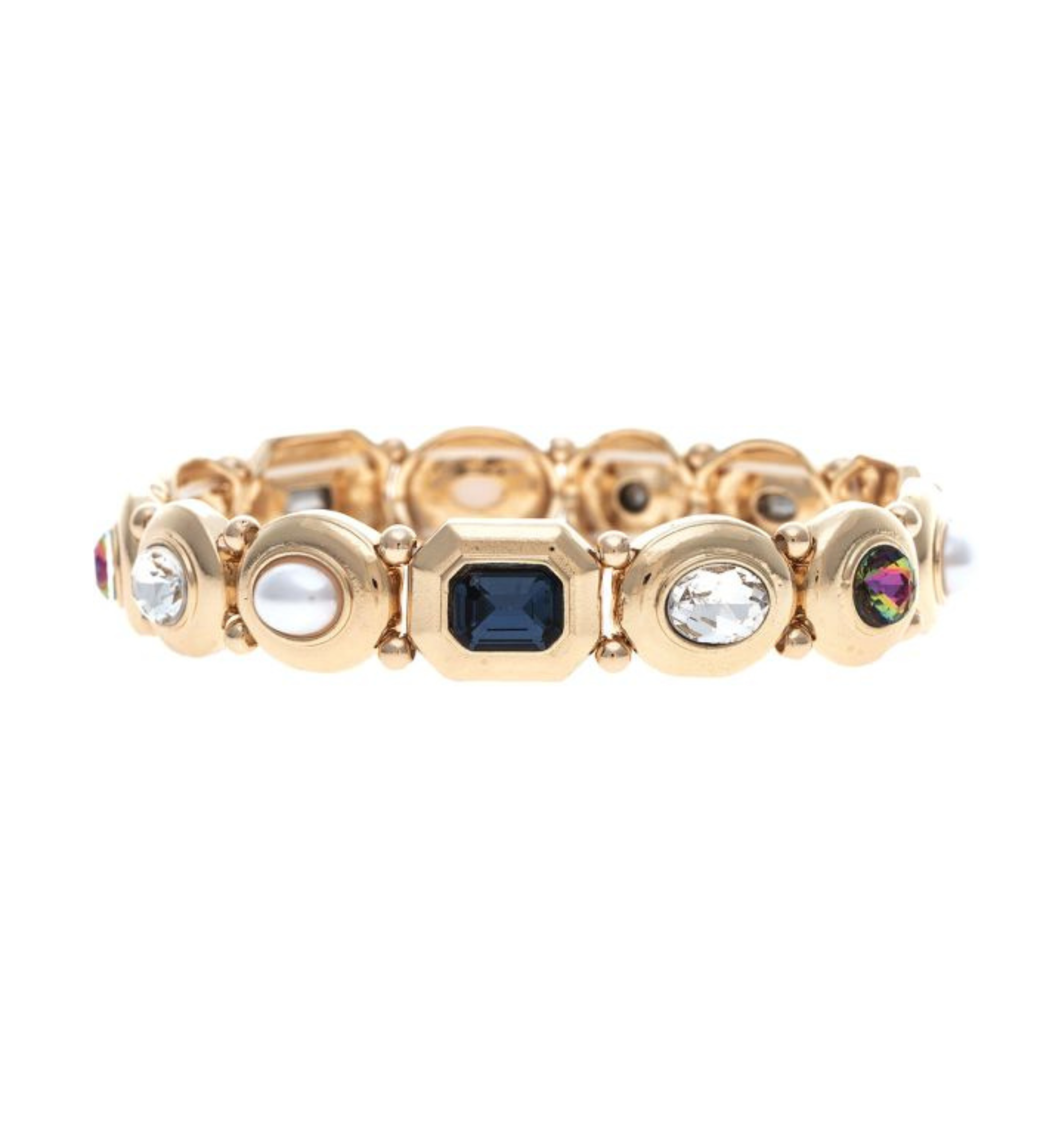 Introducing the A-Train Gold Mixed Cabochon Gems Shapes Bracelet—a stunning accessory featuring alternating round and hexagonal settings adorned with pearls, vibrant multicolor cabochon gems, and sparkling crystals in blue, white, and iridescent hues. This versatile bracelet is the perfect jewelry choice for any occasion.