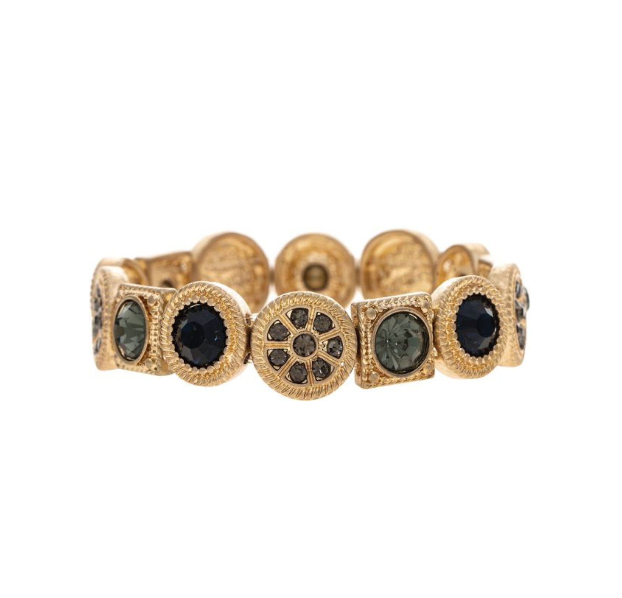 The A-Train Gold Black Dark Blue Gems Mixed Discs Bracelet features alternating round and square segments, each set with dark blue gems and finished with intricate detailing.