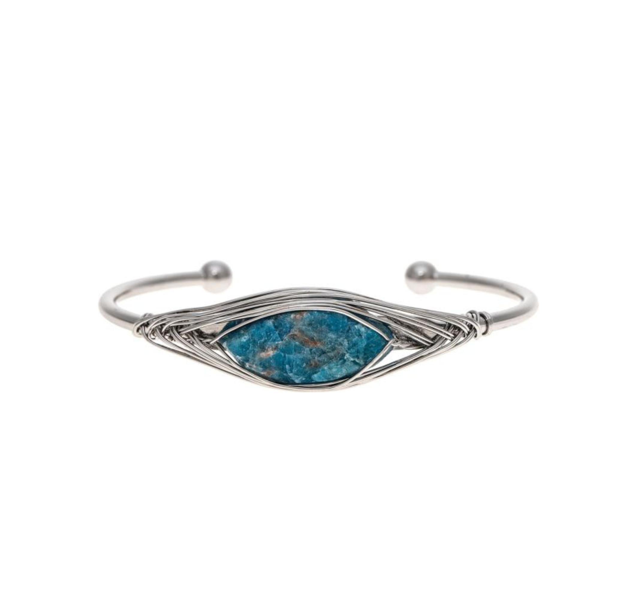 Introducing the A-Train Silver Blue Wire Wrapped Crystal Cuff (Apatite) Bracelet—a stunning adjustable cuff styled with intricate silver wire detailing, an eye-catching blue apatite oval stone centerpiece, and open ends tipped with round silver beads. This elegant piece is perfect for any occasion.