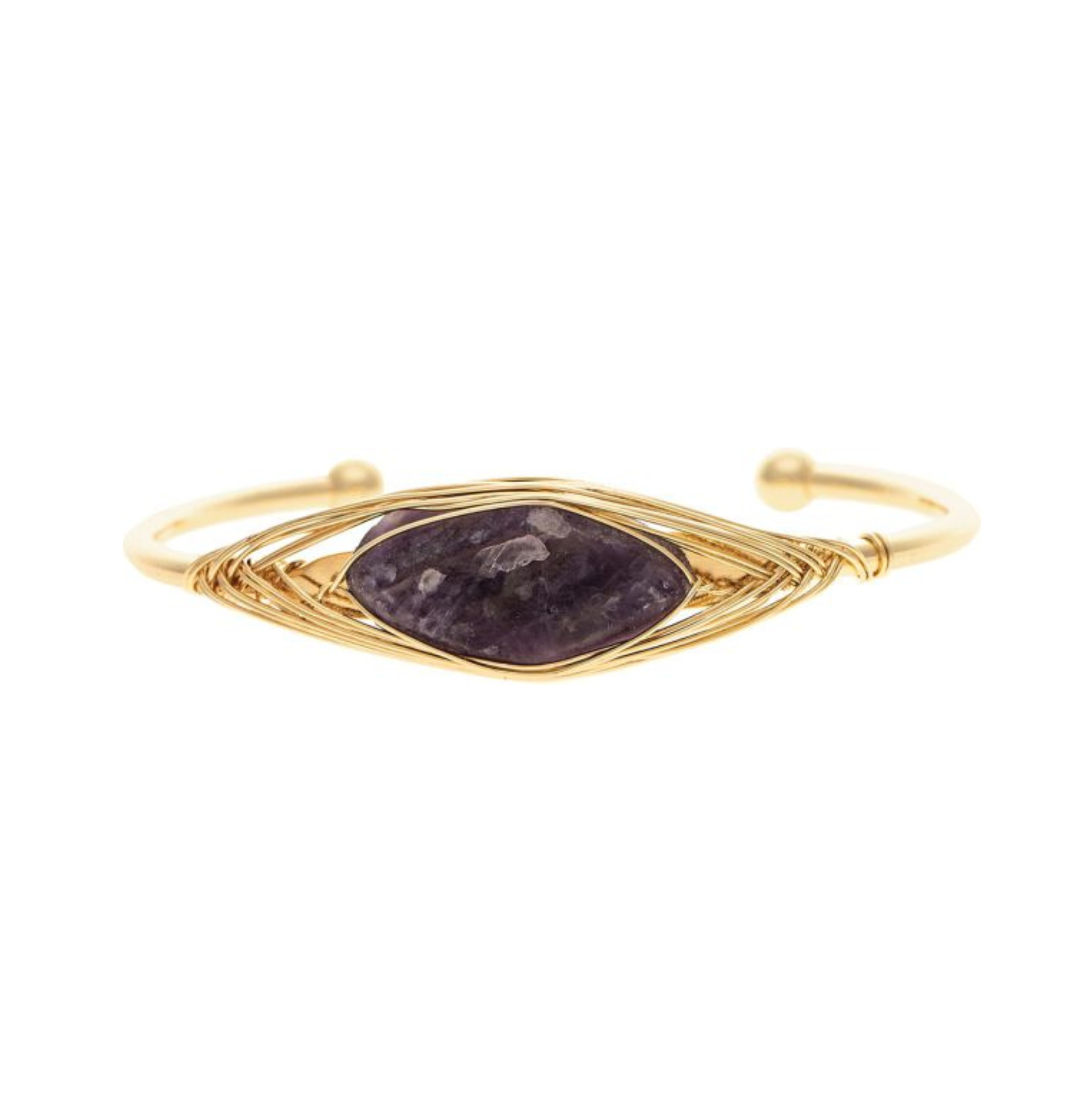 Introducing the Gold Purple Wire Wrapped Crystal Cuff (Amethyst) Bracelet by A-Train: this adjustable cuff features a central, oval-shaped dark purple amethyst gemstone in a beautifully wire-wrapped gold setting. With its elegant open ends capped by round tips, this striking Amethyst Bracelet is ideal for anyone looking to elevate their style with a distinctive and sophisticated accessory.