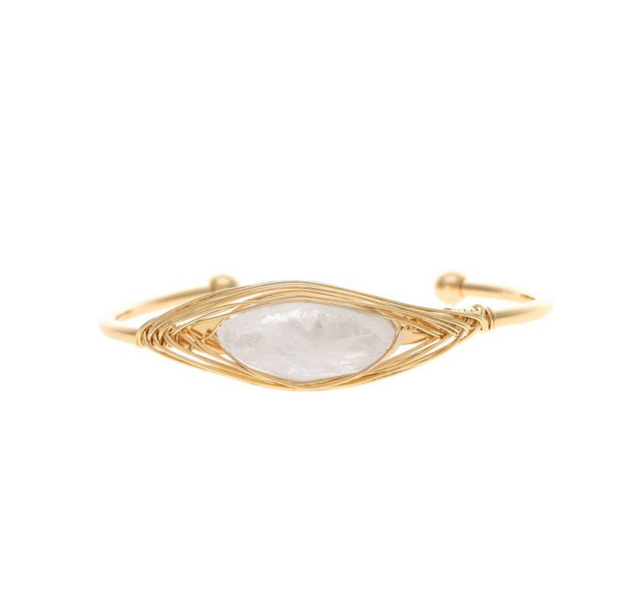 Introducing the Gold White Wire Wrapped Crystal Cuff (Moonstone) Bracelet by A-Train—a stunning adjustable cuff featuring a central moonstone, delicately wire-wrapped in gold for an elegant eye-shaped design. This versatile accessory effortlessly elevates any ensemble for any occasion.