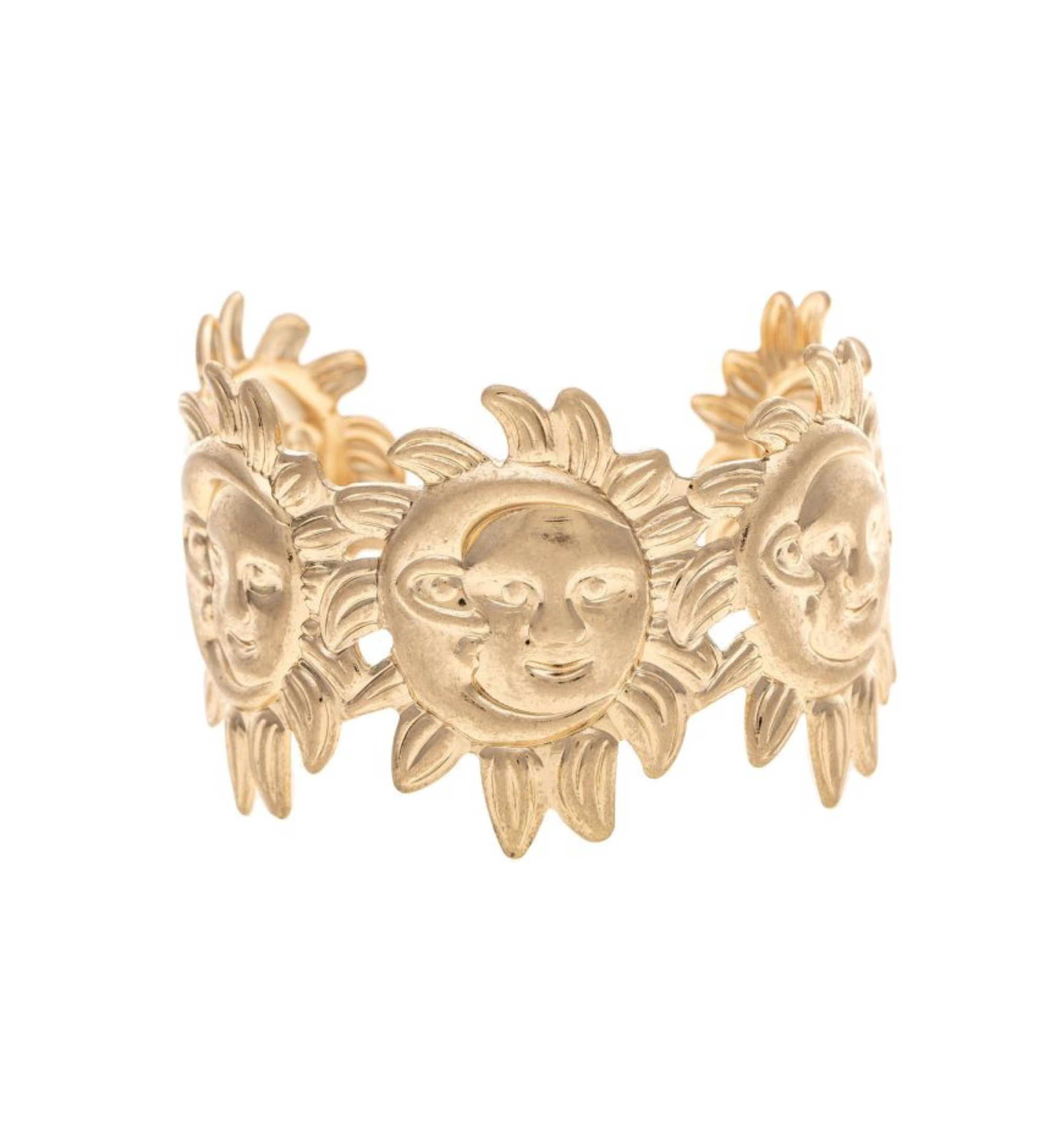 A gold ring adorned with three smiling sun faces and intricate detailing around the band perfectly complements the A-Train Gold Celestial Sun Moon Face Cuff Bracelet for a harmonious celestial-inspired look.