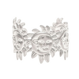 A silver ring featuring repeated sun faces with detailed rays and smiling expressions forms a continuous pattern around the band—perfect for pairing with your A-Train Silver Celestial Sun Moon Face Cuff Bracelet to create a coordinated celestial look.
