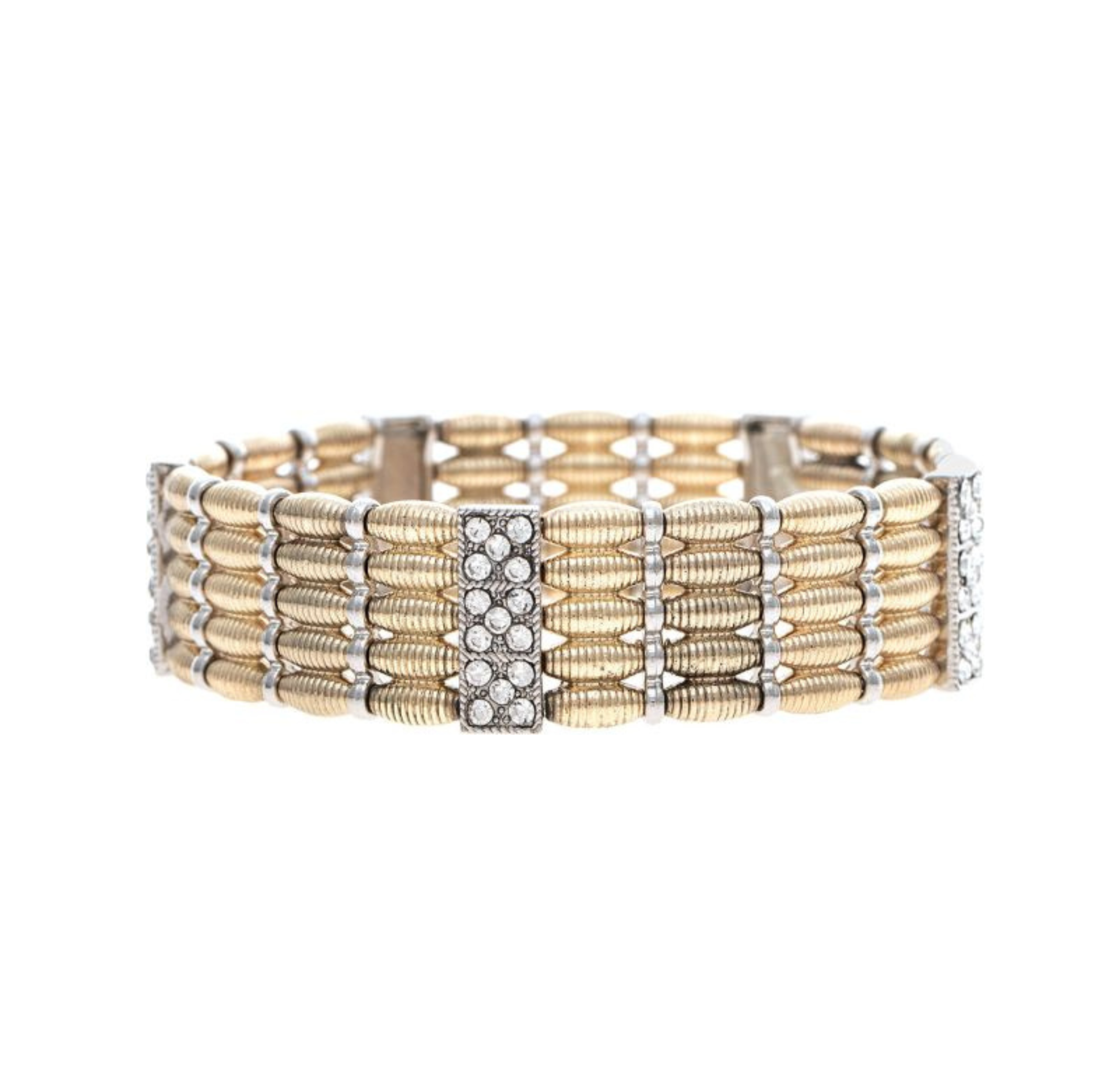 The A-Train Gold Silver Woven Texture Bead with Pave Crystal Bracelet features multiple rows of gold and silver links in a woven texture, accented with rectangular sections adorned with sparkling pave crystals.