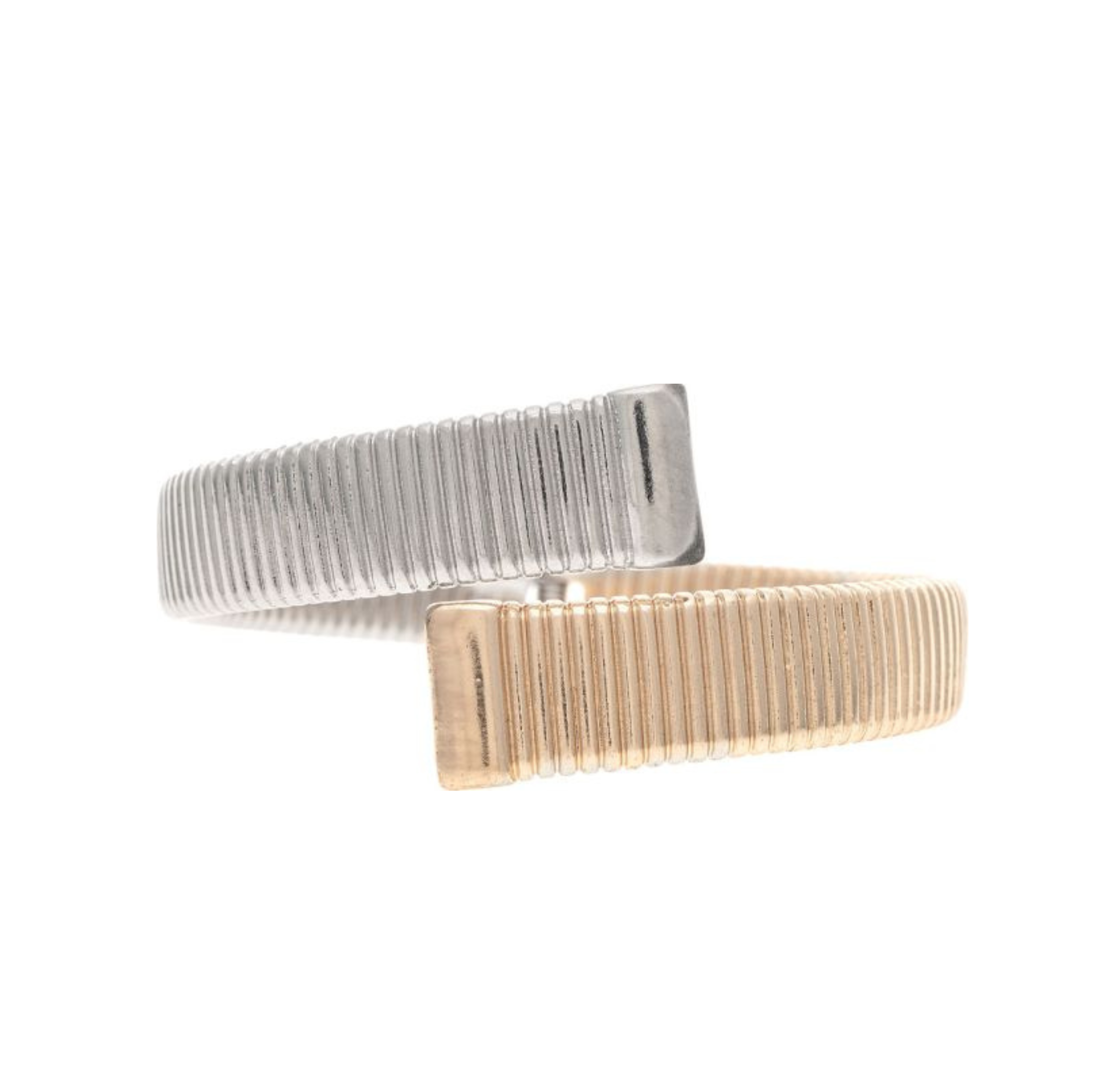 Introducing the A-Train Two Tone Crossover Hinged Cuff Bracelet—a modern and minimalist accessory featuring an open-ended, ridged design where a sleek silver side meets a radiant gold side at the front. Each end is finished with a rectangular, textured detail, making this versatile bracelet a striking statement piece.