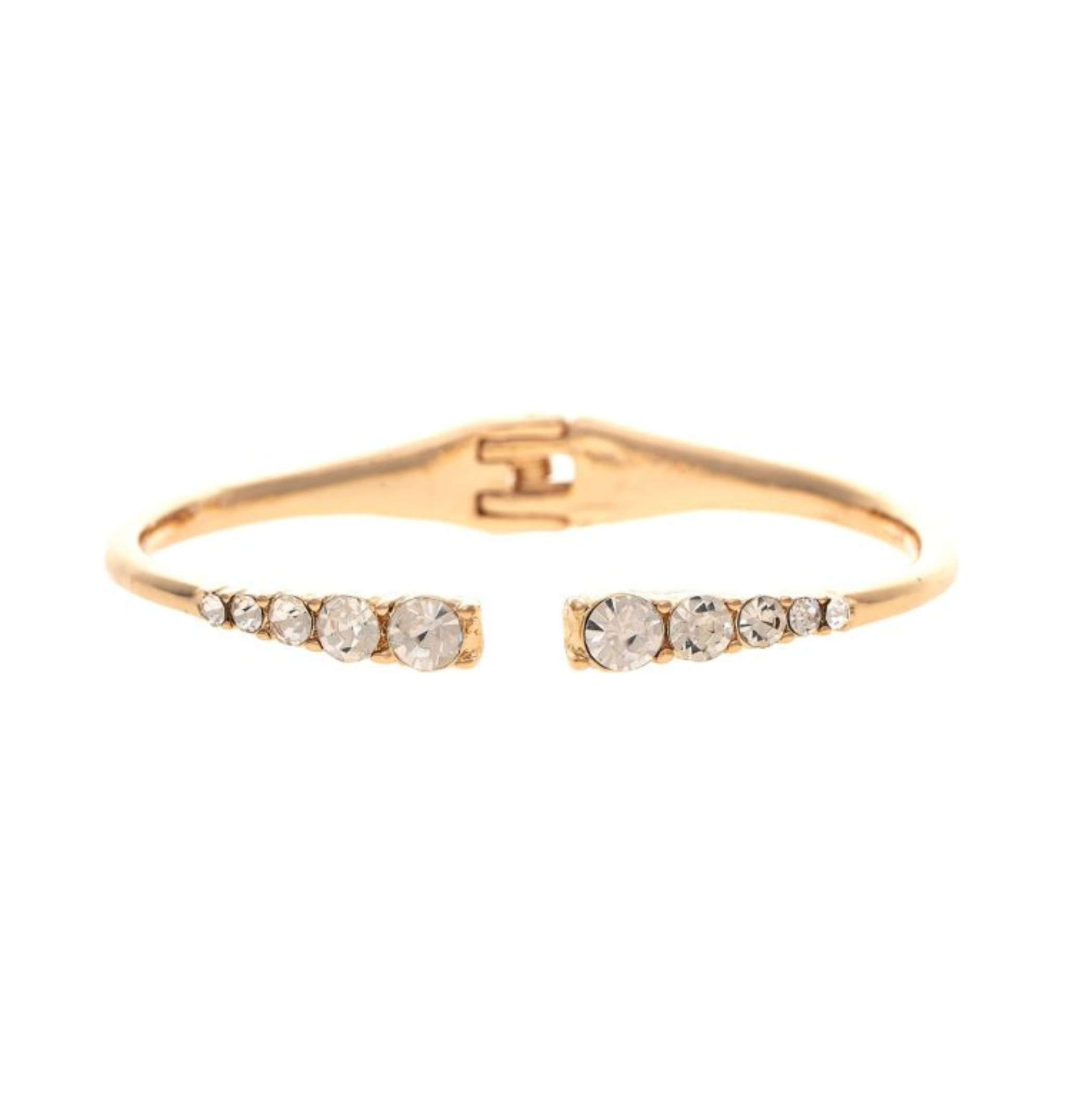 The A-Train Gold Crystal Ends Hinge Cuff Bracelet features an open-front gold design with small round clear crystals set in a row on each end and a secure hinged clasp at the back. This elegant piece of jewelry brings timeless style and sophistication to any occasion.