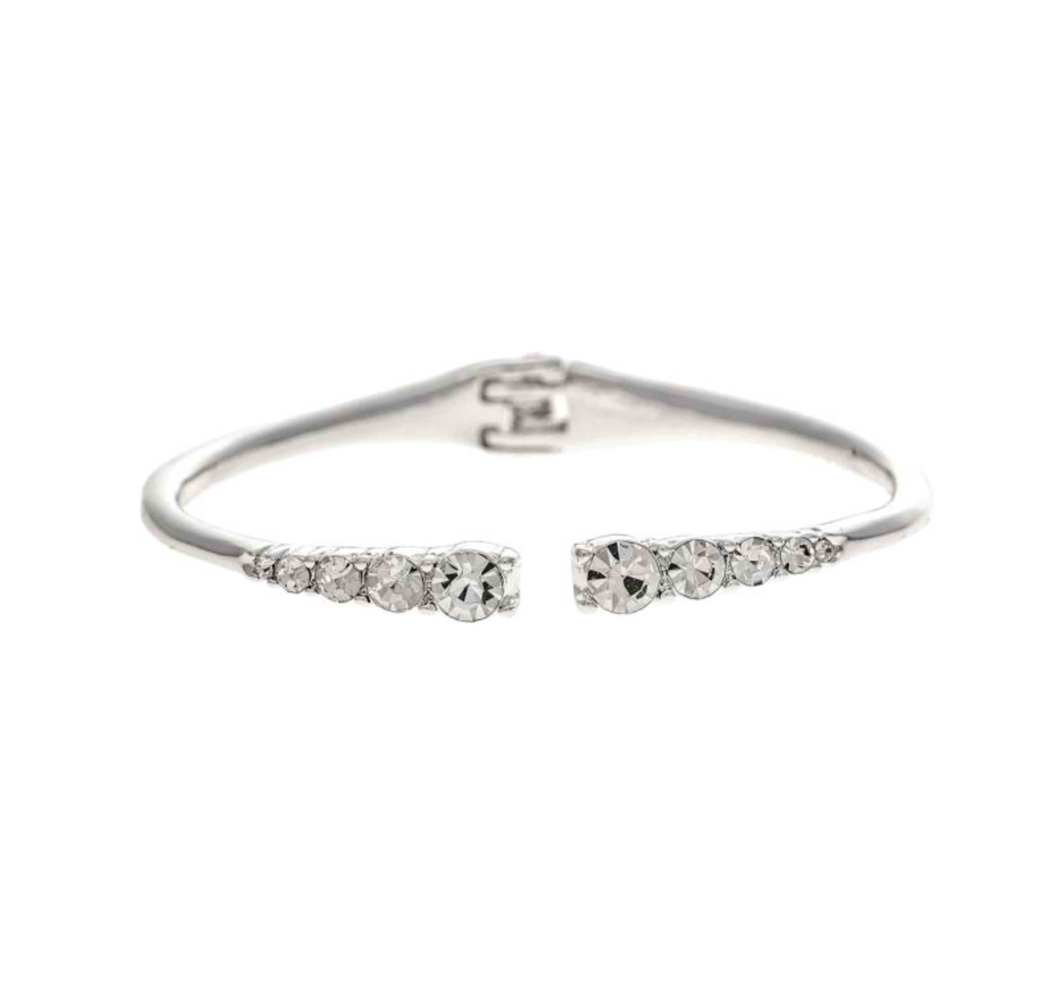 The Silver Crystal Ends Hinge Cuff Bracelet by A-Train features a row of round, clear gemstones on each open end that gradually increase in size toward the center; blending classic elegance with modern appeal, this refined piece is an ideal addition to any crystal hinge bracelet collection.