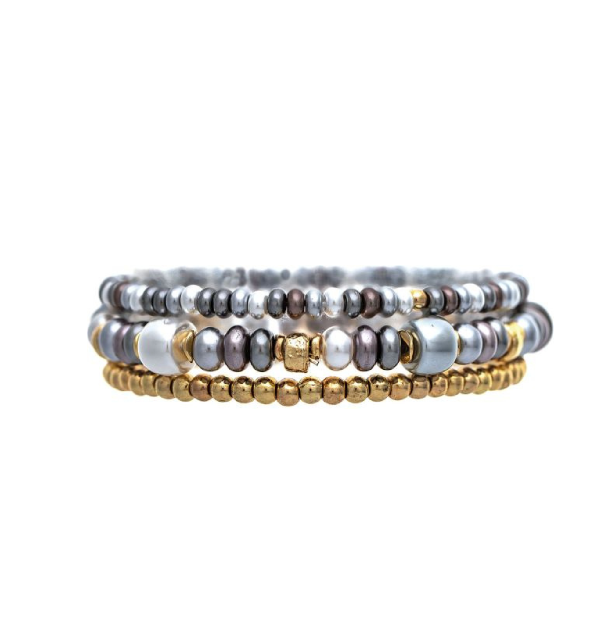 The A-Train Metal Look Beads Three Piece Bracelet Set features layered bracelets adorned with metallic gold, silver, and dark gray metal look beads, stacked together on a white background for a striking mixed-metal inspired accessory.