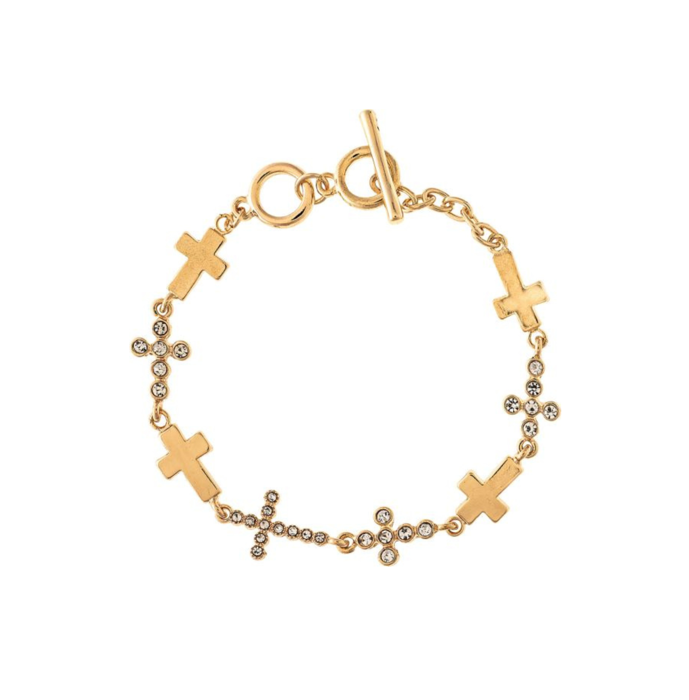 Introducing the A-Train Gold Crystal Cross Link Toggle Bracelet, featuring multiple cross charms—some sparkling with clear crystals—and finished with a stylish toggle clasp. This elegant, adjustable bracelet adds a touch of glamour to any look and perfectly complements your personal style.