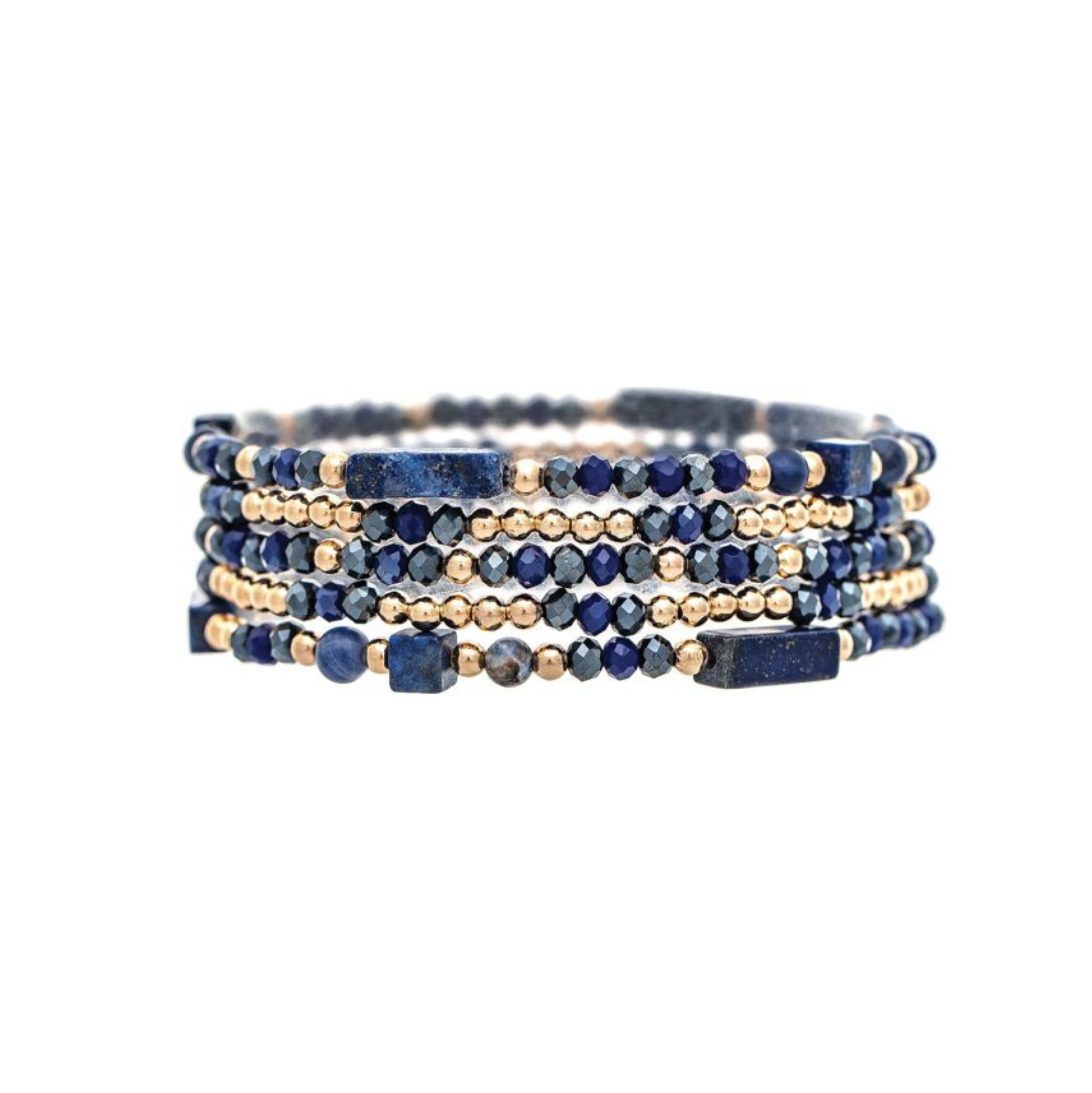 The Gold Blue Natural Stone Beads Five Piece Bracelet Set from A-Train features alternating small gold and dark blue natural stone beads in a stacked, coiled design, displayed against a white background. This versatile accessory effortlessly elevates any outfit.