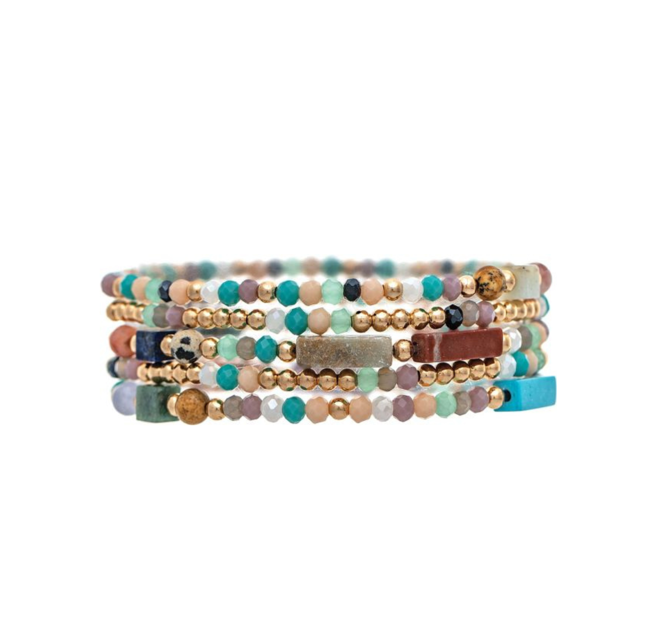 A neatly arranged stack of vibrant beaded bracelets from the A-Train Gold Multicolor Natural Stone Beads Five Piece Bracelet Set, featuring round and cylindrical beads in shades of blue, green, gold, pink, and brown. This elegant jewelry set adds a refined touch to any outfit.