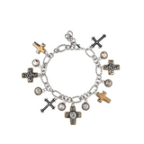 Introducing the A-Train Two Tone Oxidized Swirl and Scroll Cross Charms Bracelet, a silver charm bracelet showcasing alternating gold and black cross charms inspired by classic scroll designs. Adorned with small circular charms set with clear stones, this striking piece is beautifully presented against a white background.
