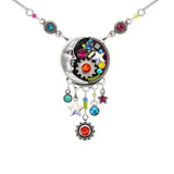 Introducing the Luna Circle/Dangles Multi-Color Necklace from Firefly, a handmade piece featuring a silver crescent moon and sun pendant adorned with vibrant gems, stars, intricate gears, and whimsical dangling charms in red, blue, and purple—a truly enchanting creation by Firefly Jewelry.