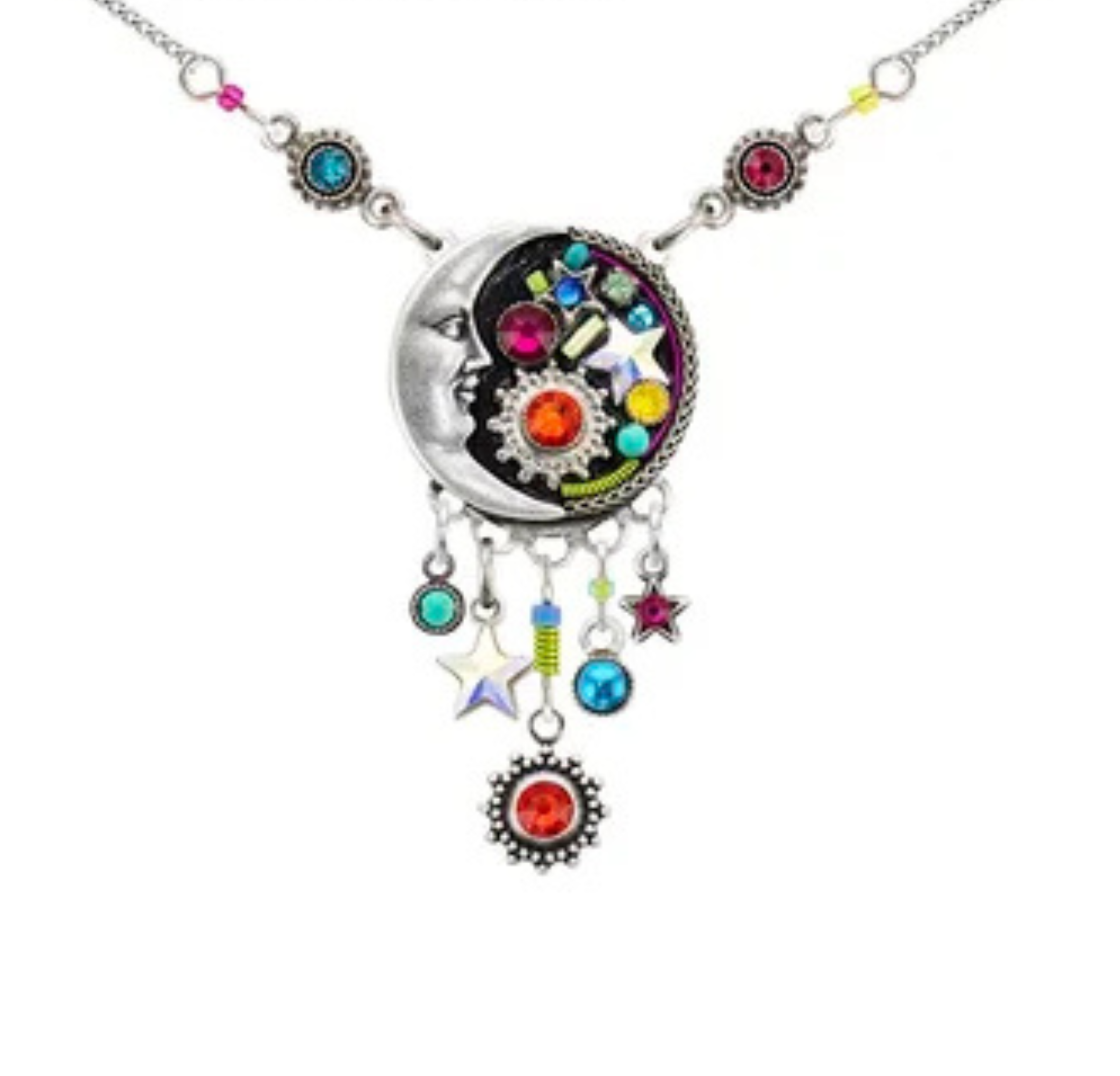 Introducing the Luna Circle/Dangles Multi-Color Necklace from Firefly, a handmade piece featuring a silver crescent moon and sun pendant adorned with vibrant gems, stars, intricate gears, and whimsical dangling charms in red, blue, and purple—a truly enchanting creation by Firefly Jewelry.