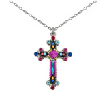 Introducing the Large Fancy Cross Multi-Color Necklace by Firefly—a stunning handmade piece crafted in Guatemala. This silver chain necklace features a large, ornate cross pendant adorned with vibrant blue, red, pink, and green gemstones, beautifully blending colorful artistry with timeless elegance.