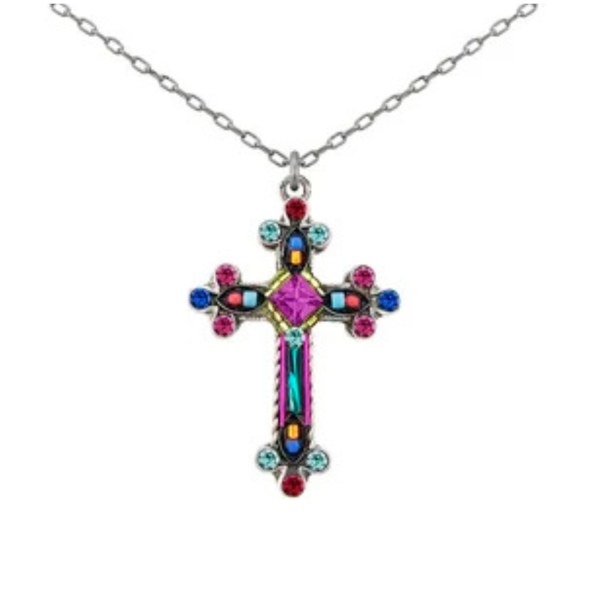 Introducing the Large Fancy Cross Multi-Color Necklace by Firefly—a stunning handmade piece crafted in Guatemala. This silver chain necklace features a large, ornate cross pendant adorned with vibrant blue, red, pink, and green gemstones, beautifully blending colorful artistry with timeless elegance.