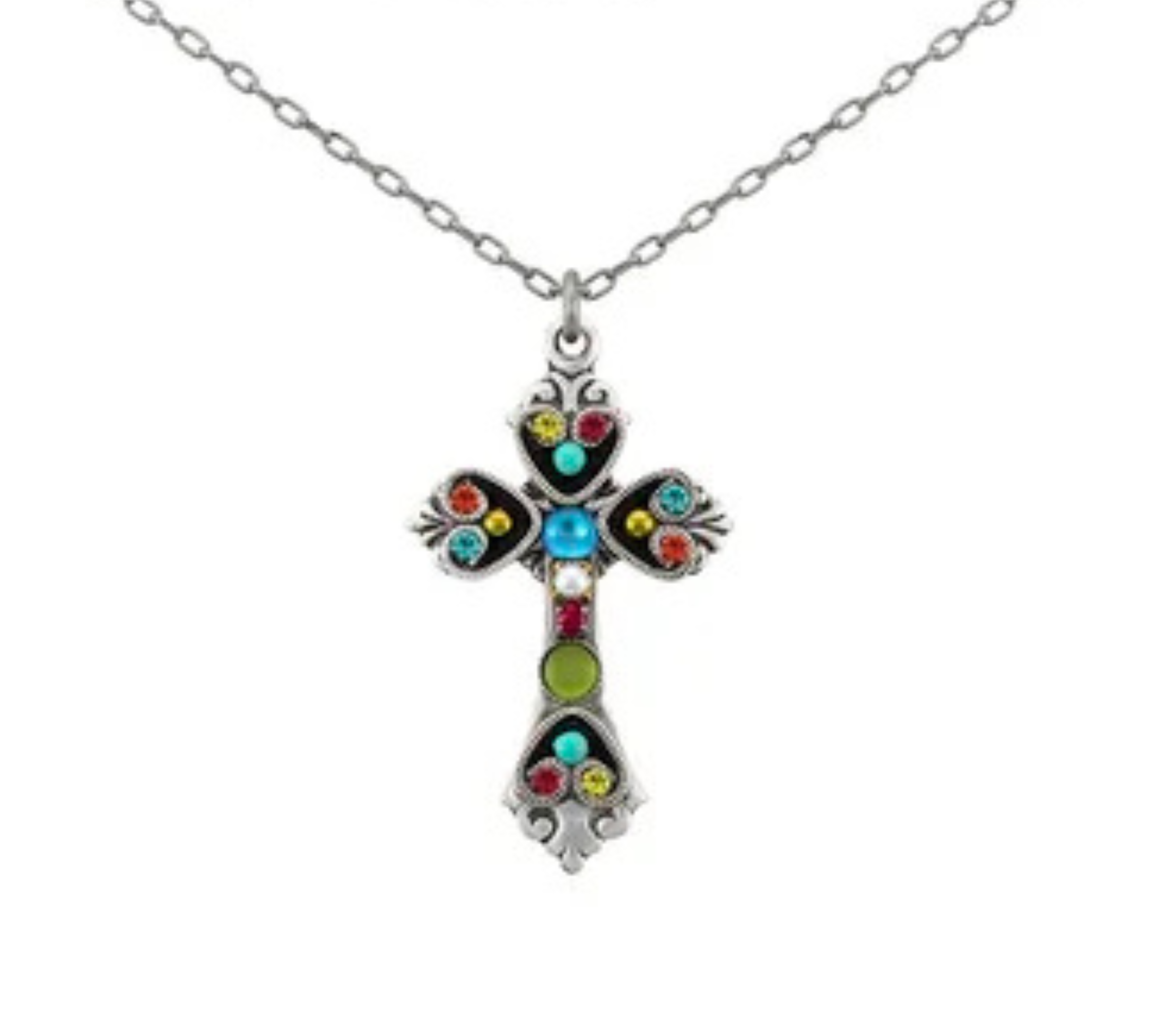 Crafted by Firefly, the Medium Multi-Color Cross Necklace features a silver chain and a decorative cross pendant embellished with vibrant red, blue, green, and yellow gemstones—an exquisite example of handmade jewelry from Firefly Jewelry.