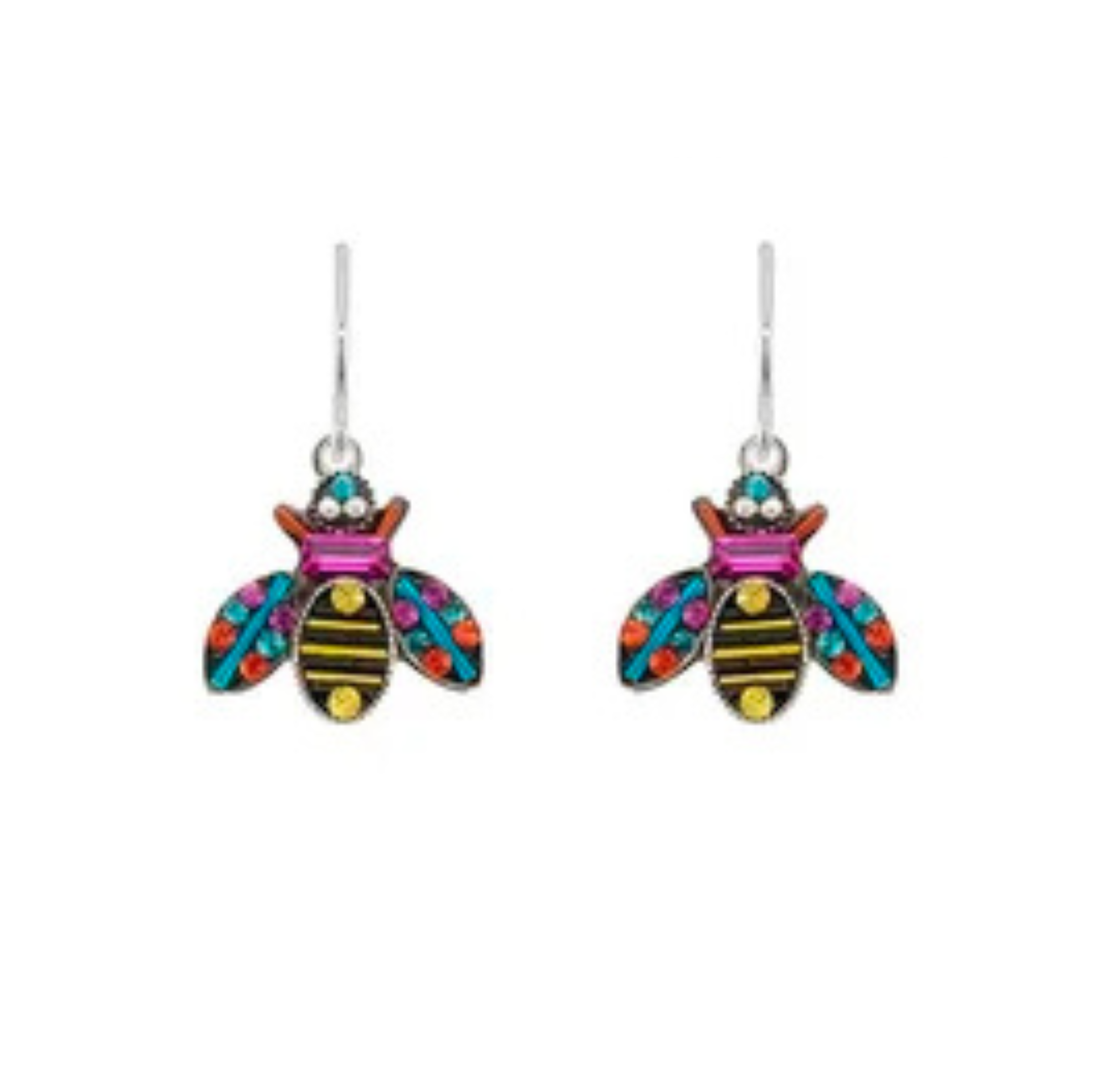 Add a charming touch to any outfit with the Queen Bee Multi-Color Earrings from Firefly. These handmade earrings feature silver hooks and playful bee designs with vibrant blue and red wings, yellow and black striped bodies, and decorative gems adorning their wings and heads. Each pair is a showcase of fair-trade craftsmanship from Firefly—a delightful statement piece for lovers of unique jewelry.