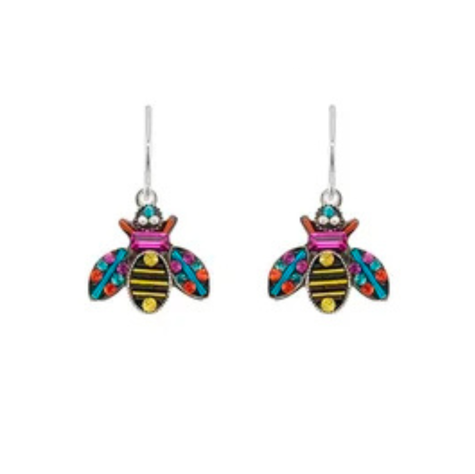 Add a charming touch to any outfit with the Queen Bee Multi-Color Earrings from Firefly. These handmade earrings feature silver hooks and playful bee designs with vibrant blue and red wings, yellow and black striped bodies, and decorative gems adorning their wings and heads. Each pair is a showcase of fair-trade craftsmanship from Firefly—a delightful statement piece for lovers of unique jewelry.