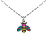 Introducing the Queen Bee Multi-Color Pendant Necklace from Firefly Jewelry—a silver chain necklace adorned with a striking bee pendant, featuring yellow and black enamel stripes, complemented by vibrant red, blue, turquoise, and orange wing accents. Perfect for lovers of unique Handmade Jewelry, this Firefly design captures playful charm and vivid detail in every piece.