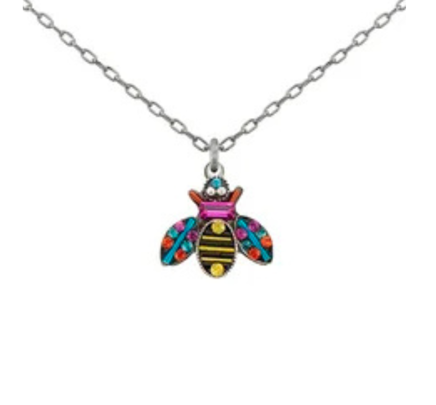 Introducing the Queen Bee Multi-Color Pendant Necklace from Firefly Jewelry—a silver chain necklace adorned with a striking bee pendant, featuring yellow and black enamel stripes, complemented by vibrant red, blue, turquoise, and orange wing accents. Perfect for lovers of unique Handmade Jewelry, this Firefly design captures playful charm and vivid detail in every piece.