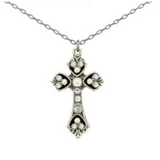 Handcrafted in Guatemala by Firefly, the Medium Cross White Pearl necklace features a silver chain adorned with an ornate cross pendant. Decorative patterns and small, round clear gemstones embellish the center and ends of the cross, capturing the timeless elegance of Firefly's craftsmanship.