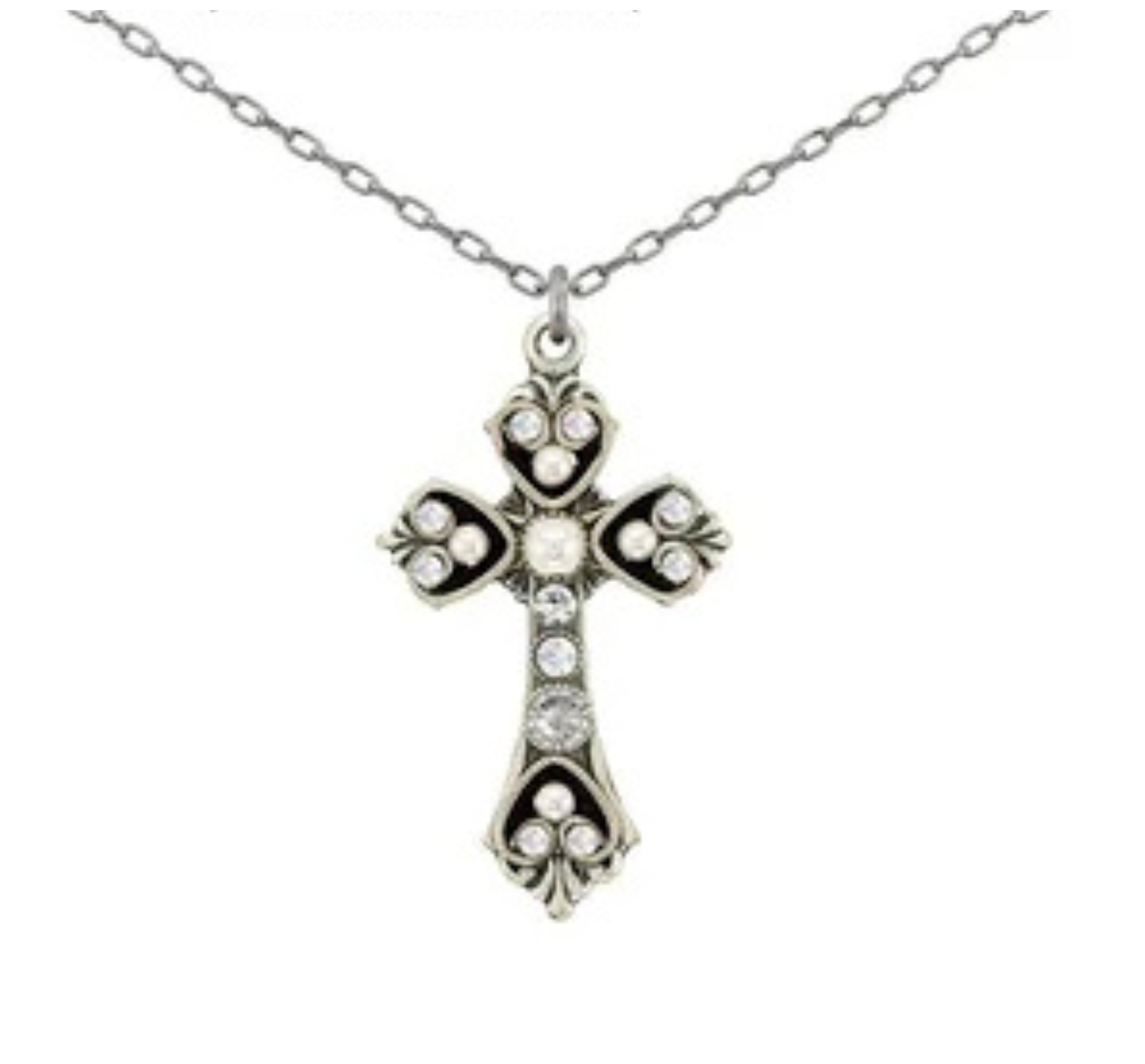 Handcrafted in Guatemala by Firefly, the Medium Cross White Pearl necklace features a silver chain adorned with an ornate cross pendant. Decorative patterns and small, round clear gemstones embellish the center and ends of the cross, capturing the timeless elegance of Firefly's craftsmanship.