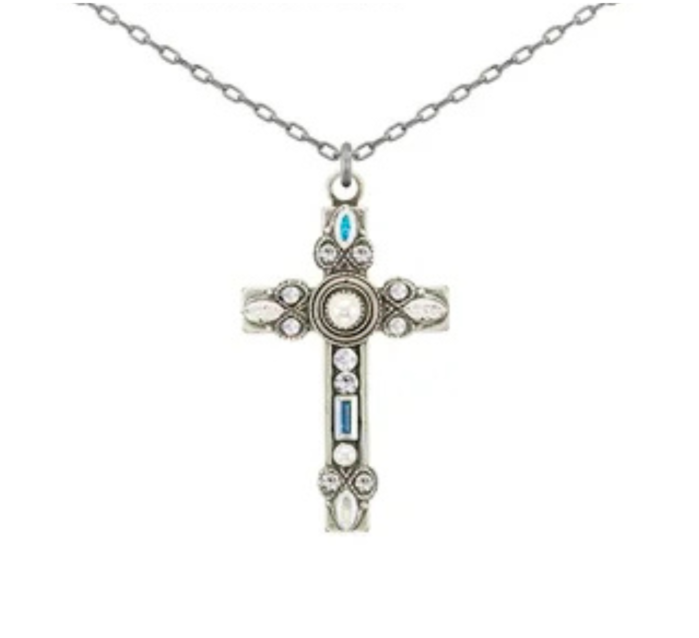 The Delicate Filigree White Pearl Cross Necklace by Firefly features an ornate cross pendant adorned with white and blue gemstones, elegantly displaying the beauty of handmade craftsmanship against a plain white background.