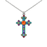 Introducing the Inlay Cross Multi-Color Necklace by Firefly—a beautiful, handmade piece from Guatemala. This eye-catching necklace features a cross pendant adorned with vibrant green, purple, blue, and red gemstones, highlighted by a striking orange gem at its center.