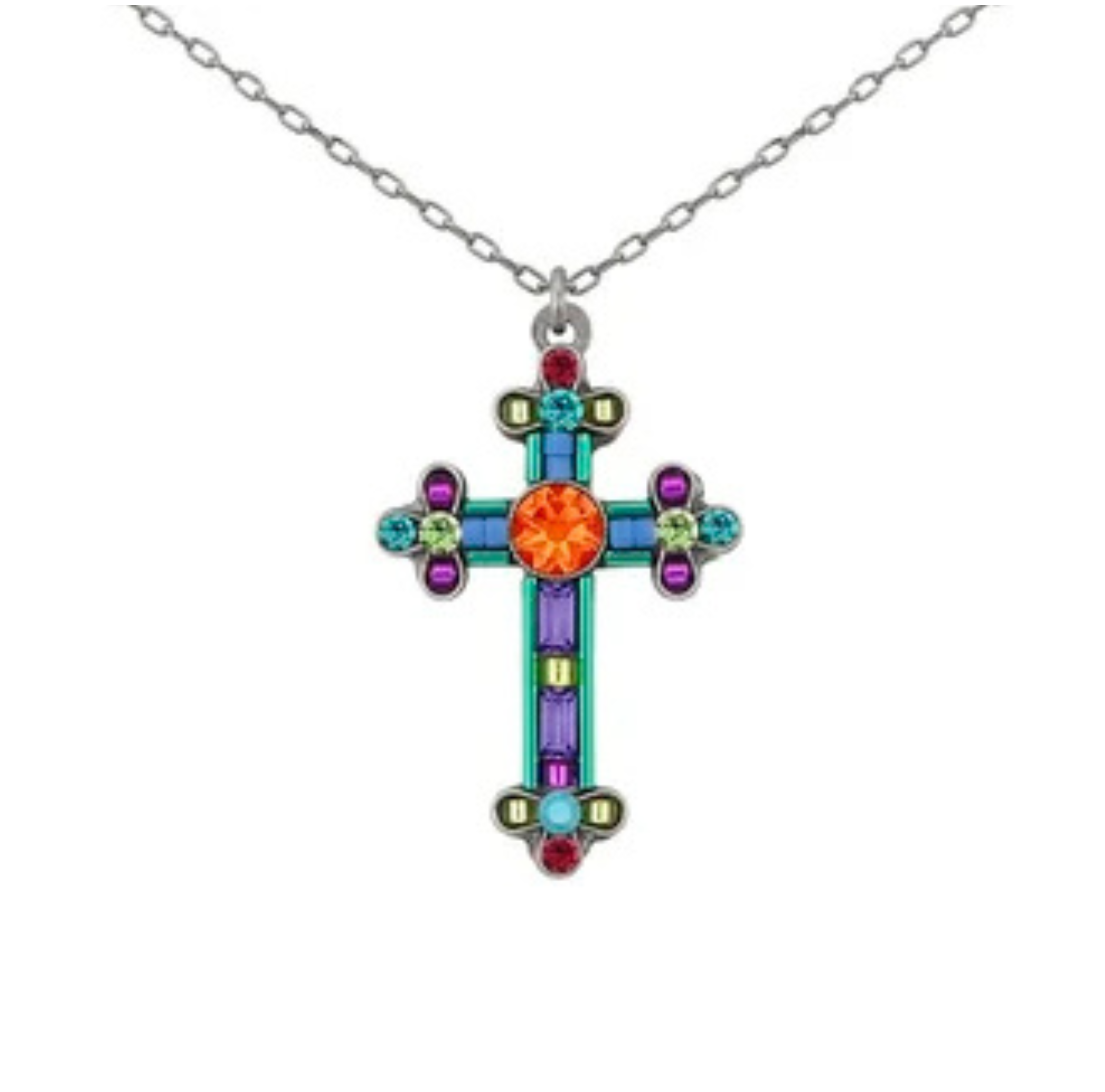 Introducing the Inlay Cross Multi-Color Necklace by Firefly—a beautiful, handmade piece from Guatemala. This eye-catching necklace features a cross pendant adorned with vibrant green, purple, blue, and red gemstones, highlighted by a striking orange gem at its center.