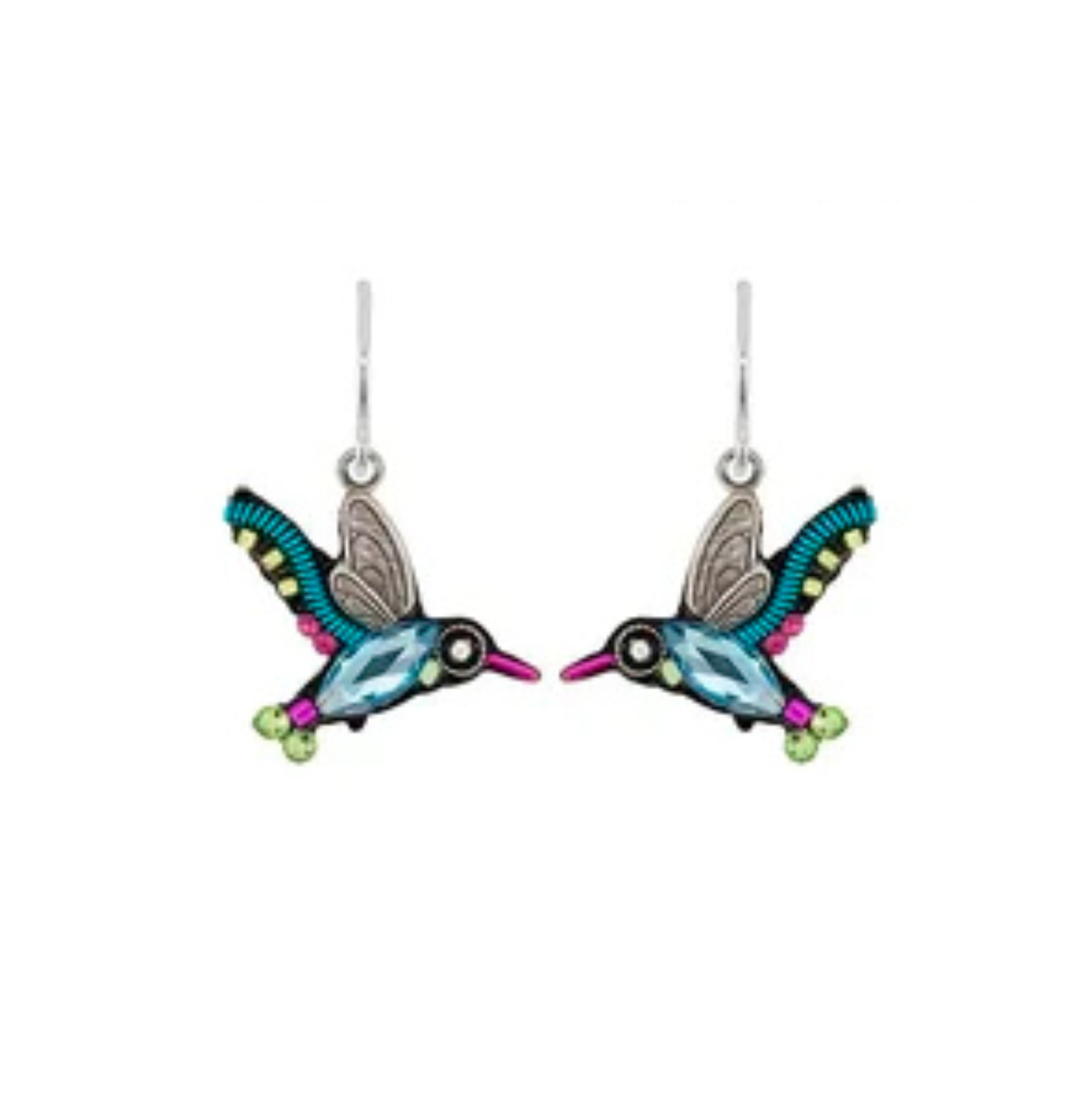 Add these exquisite Hummingbird Multi-Color Earrings by Firefly to your collection—featuring eye-catching blue, green, pink, and black accents in a vibrant hummingbird design with silver hooks for pierced ears. Handmade and displayed on a white background, these earrings are a striking example of fair-trade jewelry from Firefly Jewelry.