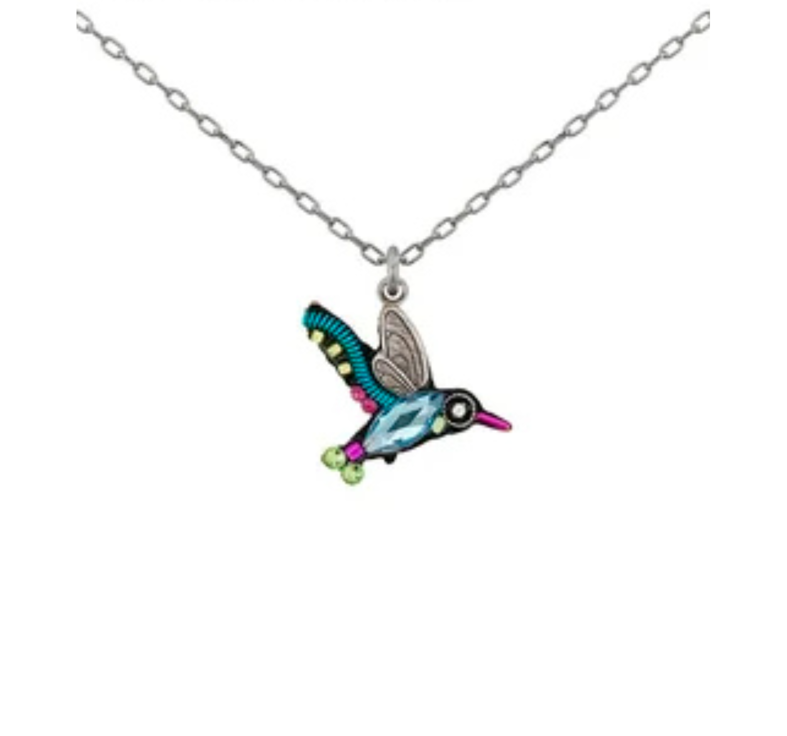 The Hummingbird Multi-Color Pendant Necklace from Firefly features a silver chain and a vibrant hummingbird pendant adorned with blue, green, yellow, pink, and black accents. Handmade in Guatemala by Firefly Jewelry, this necklace adds an artistic and colorful touch to any ensemble.