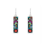 Calypso Rectangle Multi-Color Earrings by Firefly feature a geometric pattern with vibrant red, green, blue, and pink shapes set against a black background. Handmade in Guatemala by Firefly Jewelry, these rectangular dangle earrings add a bold pop of color to any outfit.