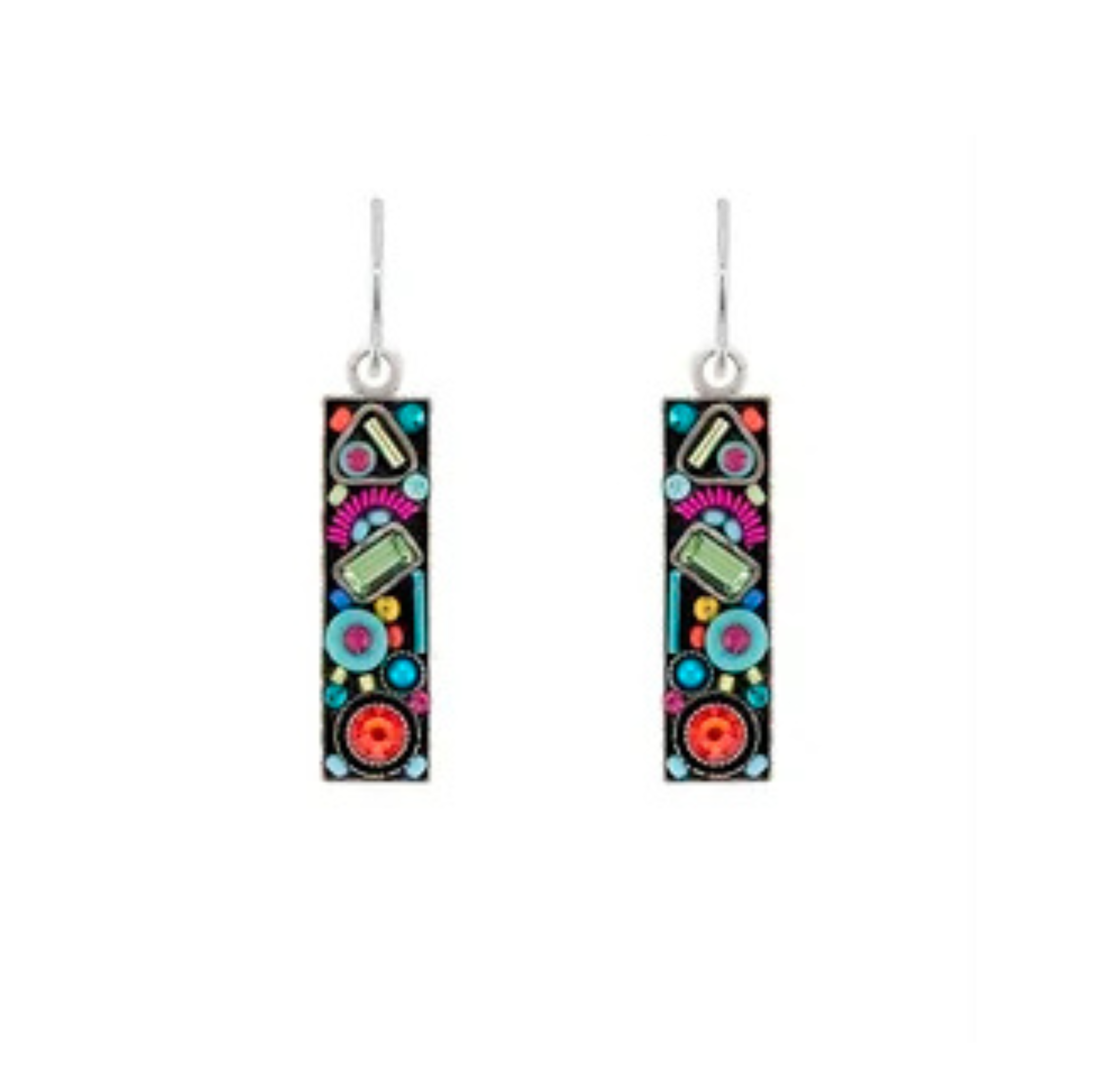 Calypso Rectangle Multi-Color Earrings by Firefly feature a geometric pattern with vibrant red, green, blue, and pink shapes set against a black background. Handmade in Guatemala by Firefly Jewelry, these rectangular dangle earrings add a bold pop of color to any outfit.