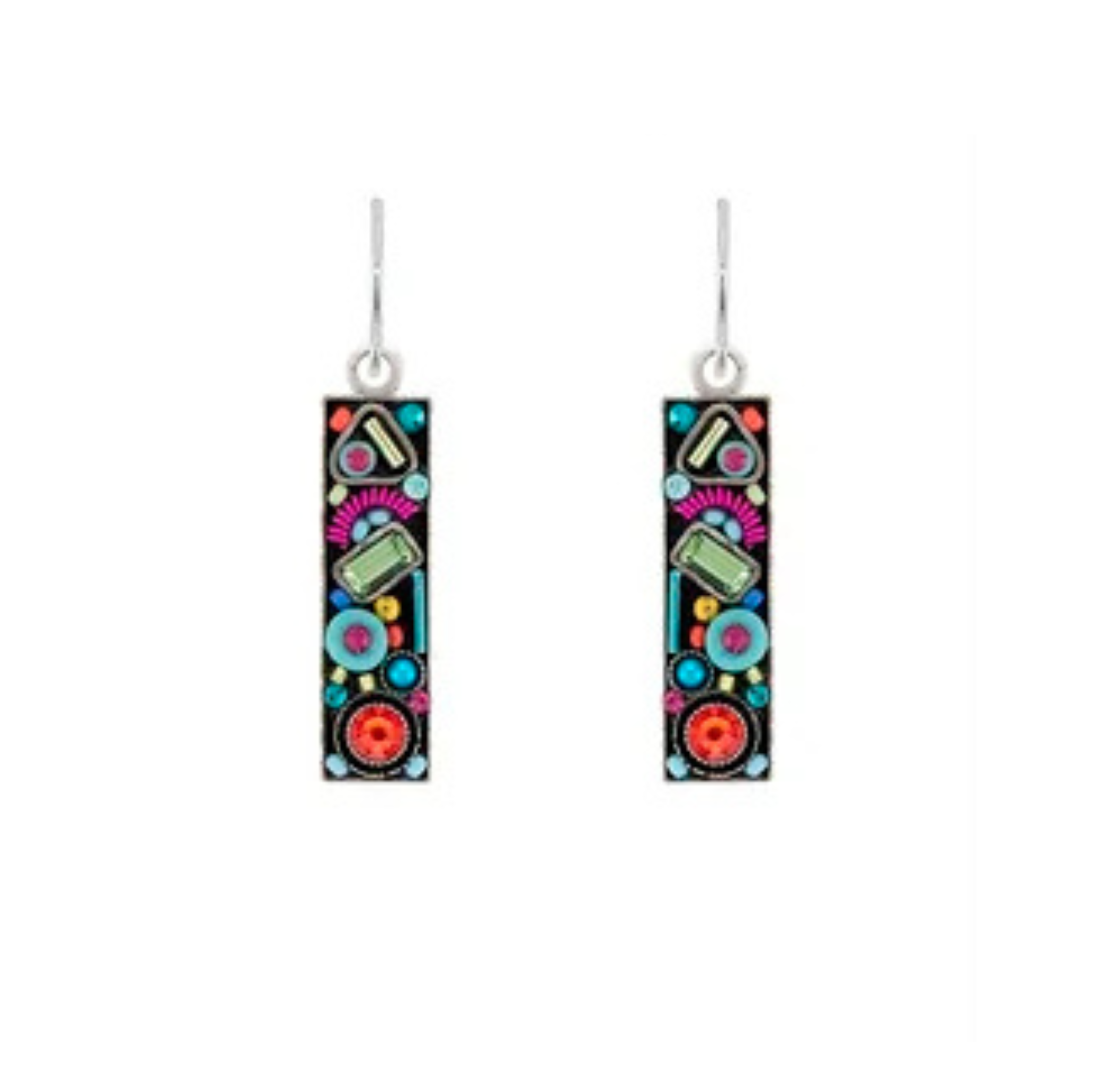 Calypso Rectangle Multi-Color Earrings by Firefly feature a geometric pattern with vibrant red, green, blue, and pink shapes set against a black background. Handmade in Guatemala by Firefly Jewelry, these rectangular dangle earrings add a bold pop of color to any outfit.