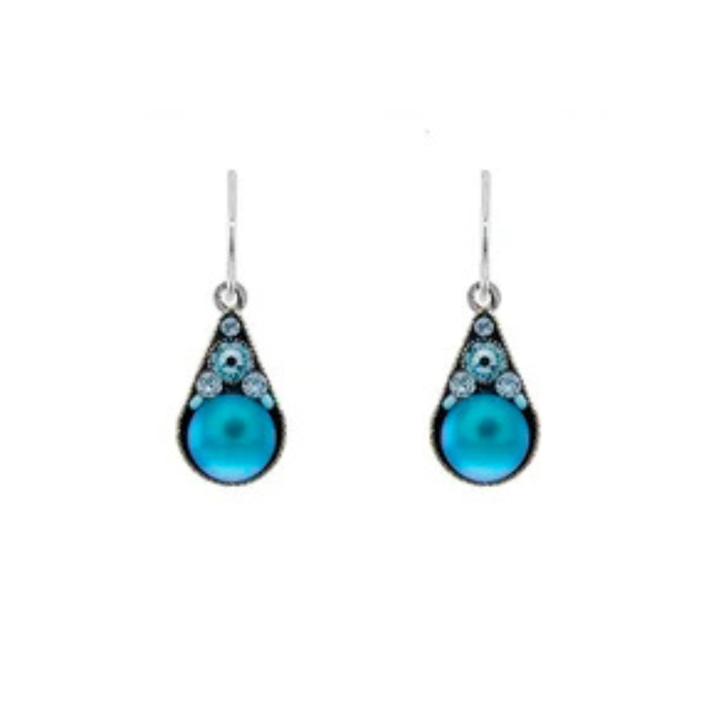 A pair of Firefly's Moonlight Drop Light Blue Earrings featuring teardrop-shaped blue gemstones accented with small round blue crystals at the top—perfect for adding a touch of elegance to your jewelry collection.