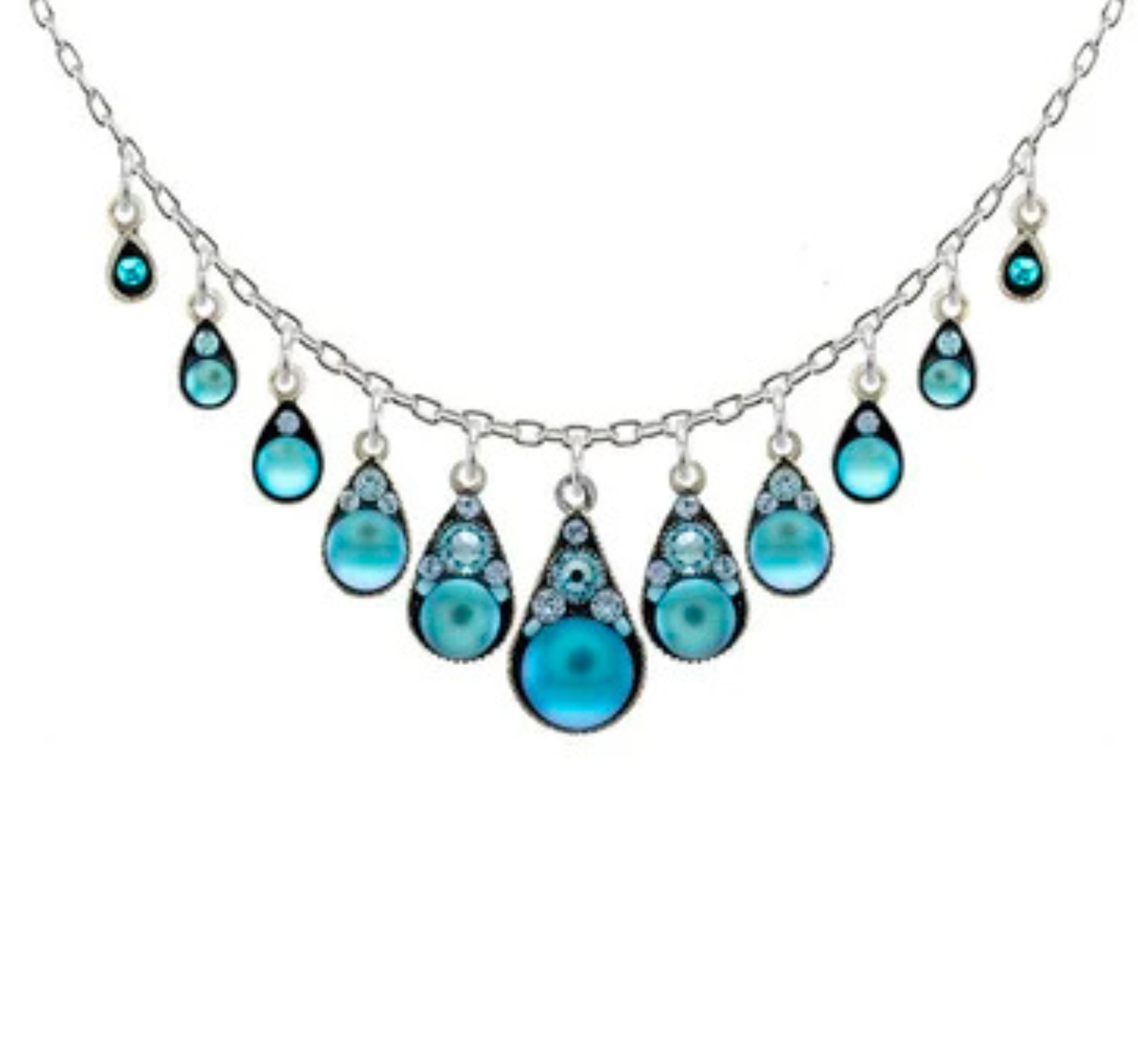 Experience the artistry of handmade jewelry with the Moonlight Waterfall Light Blue Necklace by Firefly. This stunning silver necklace features nine blue teardrop pendants, each adorned with delicate blue gemstones arranged in a graceful symmetrical pattern. Ethically crafted from fair trade materials, this exquisite piece is part of the Firefly Jewelry collection and makes an eye-catching statement accessory for any occasion.