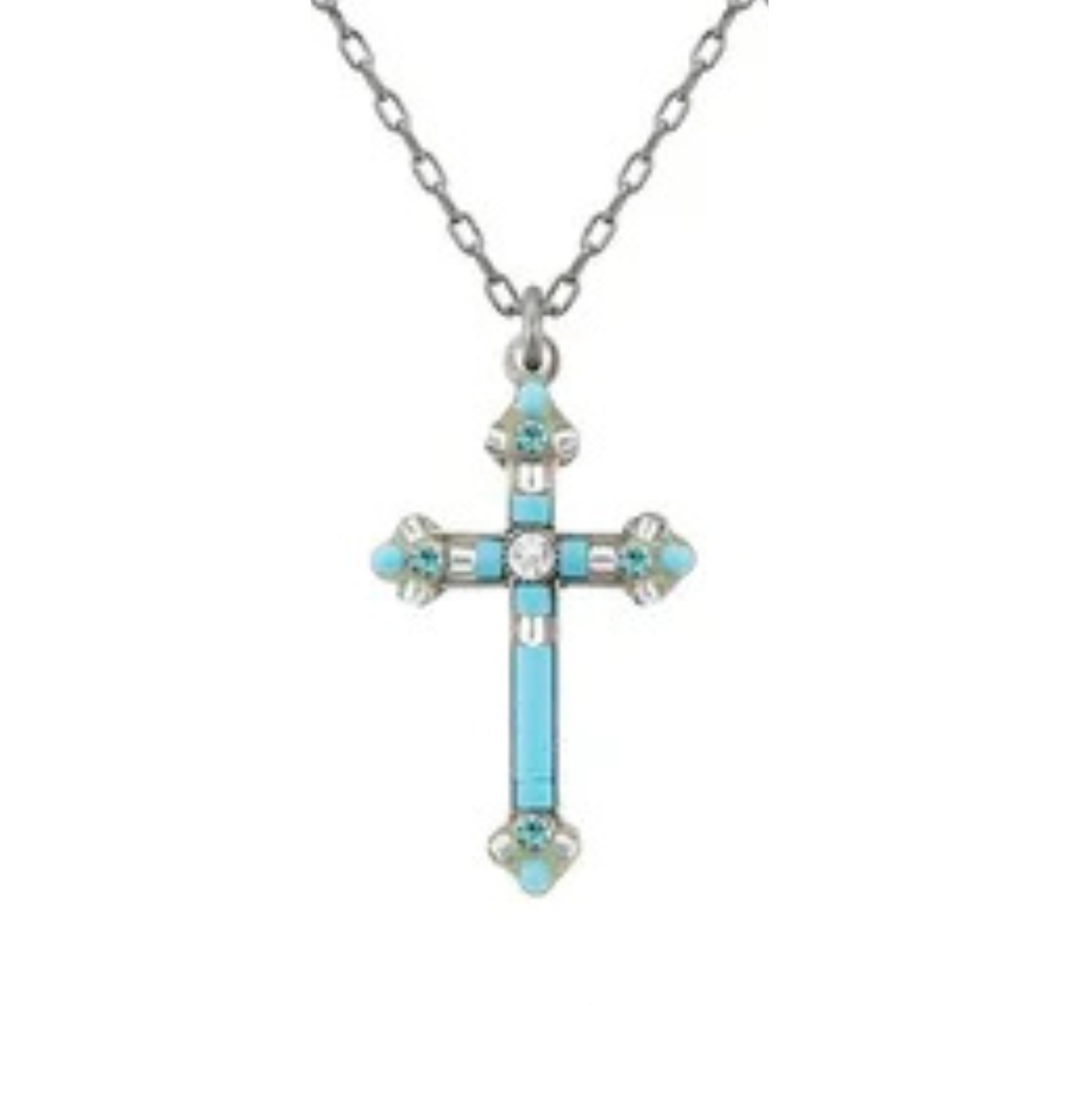 The Simple Cross Ice Necklace from Firefly features a silver chain with a cross pendant adorned with turquoise stones and sparkling clear gemstones at the center and ends, making it a striking handmade piece from Firefly Jewelry.