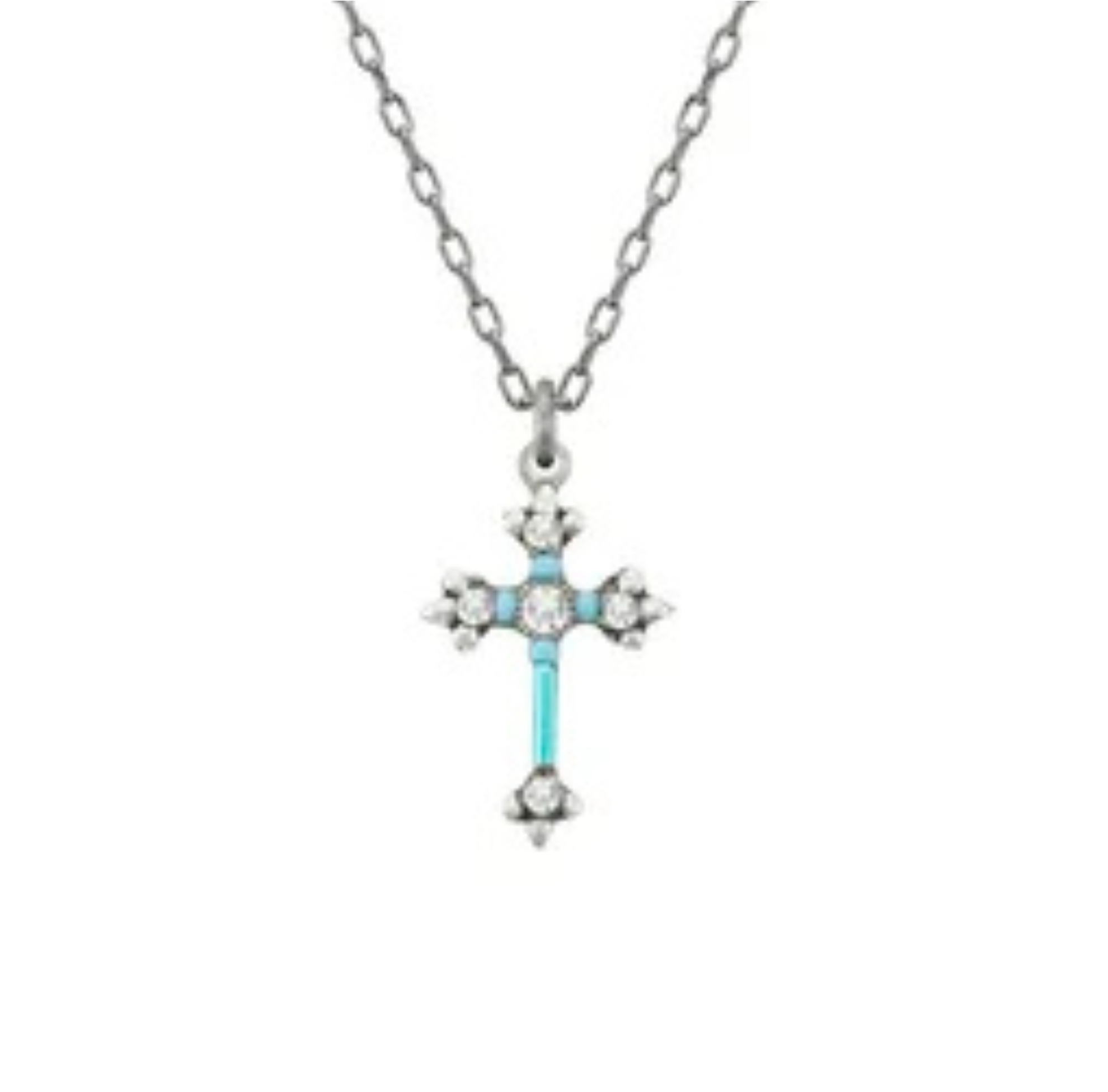 The Dainty Cross Ice Necklace by Firefly is a handmade silver chain necklace featuring a cross-shaped pendant adorned with small, round, clear gemstones and a light blue accent along the vertical bar. This elegant Firefly Jewelry piece adds a touch of sparkle to any look.