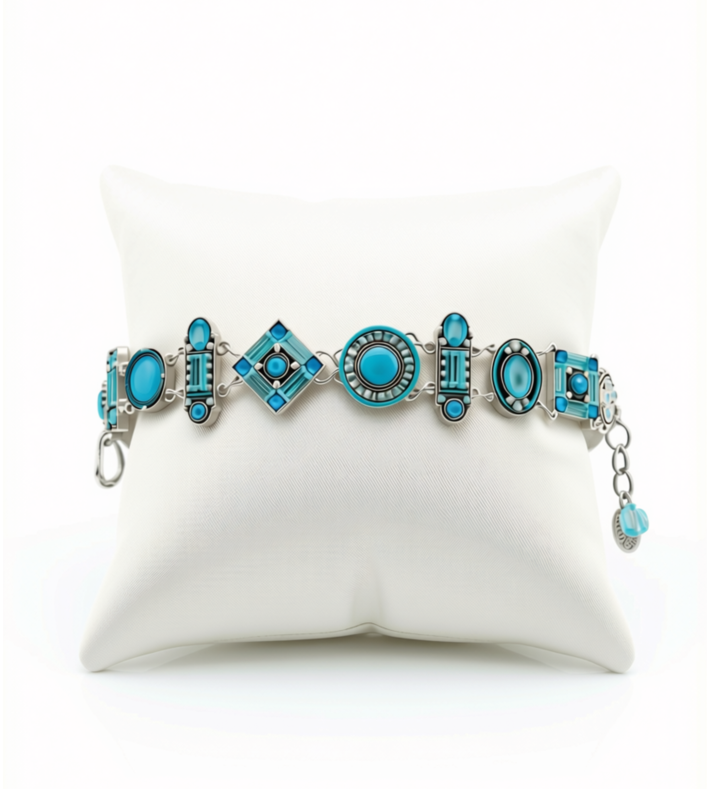 La Dolce Vita Light Blue Bracelet by Firefly Jewelry is a handmade piece featuring silver and light blue tones with geometric turquoise charms, beautifully displayed on a white cushion and crafted according to fair trade principles.