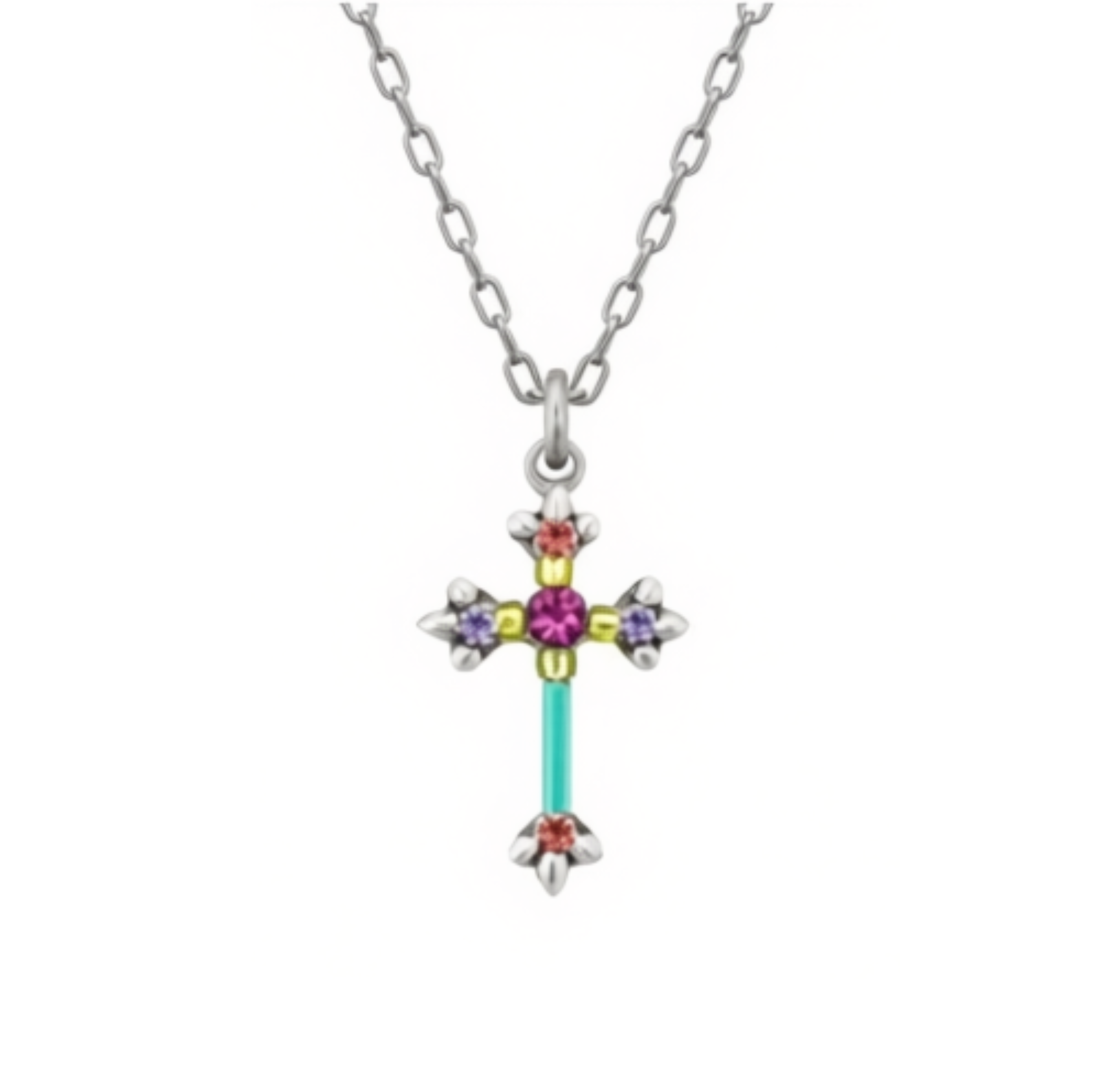 The Dainty Cross Multi-Color necklace by Firefly features a silver chain and a pendant adorned with vibrant gemstones in red, purple, yellow, and turquoise accents. Handmade in Guatemala by Firefly Jewelry, the pendant showcases a symmetrical, ornate design for a unique and colorful flair.