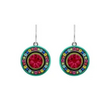 Introducing the La Dolce Vita Round Multi-Color Earrings by Firefly: Eye-catching round earrings featuring a striking central pink gem, encircled by a turquoise border and sparkling multicolored accents, delicately suspended from silver hooks. Expertly handmade with care and fair-trade principles, these earrings from Firefly add a vibrant touch of charm to any ensemble.