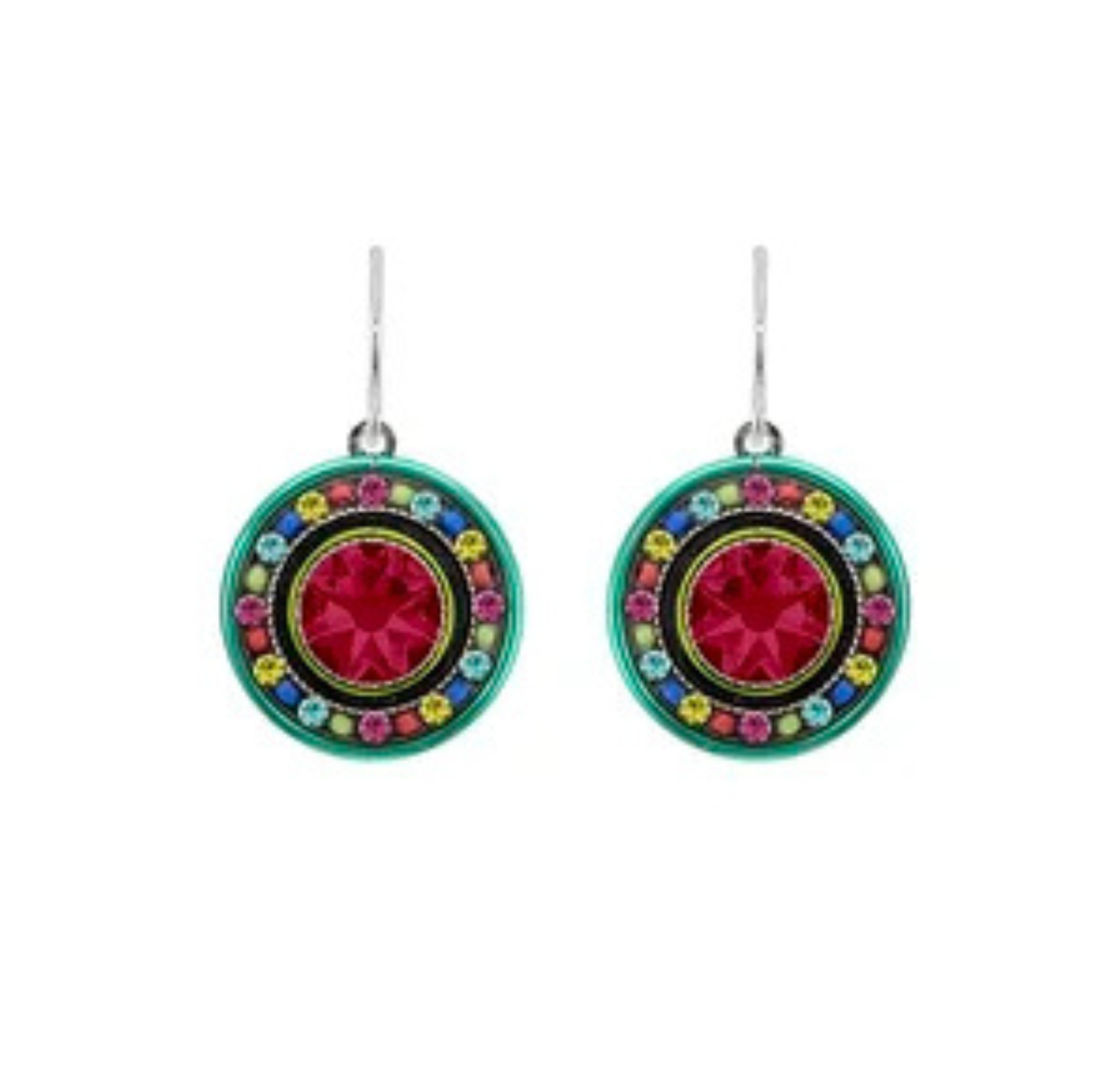 Introducing the La Dolce Vita Round Multi-Color Earrings by Firefly: Eye-catching round earrings featuring a striking central pink gem, encircled by a turquoise border and sparkling multicolored accents, delicately suspended from silver hooks. Expertly handmade with care and fair-trade principles, these earrings from Firefly add a vibrant touch of charm to any ensemble.