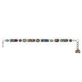 Introducing the Firefly Botanical Multi-Color Bracelet by Firefly—a silver, handmade fair-trade bracelet featuring rectangular, multicolored floral links, an adjustable clasp, and a small red bead charm for an extra touch of uniqueness. Designed to stand out as a distinctive piece of jewelry.